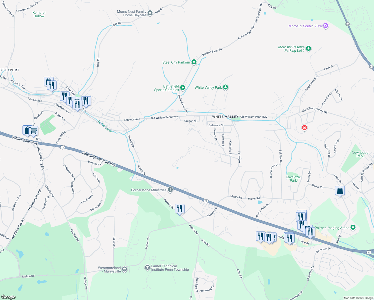 map of restaurants, bars, coffee shops, grocery stores, and more near 6412 Lindsey Lane in Export
