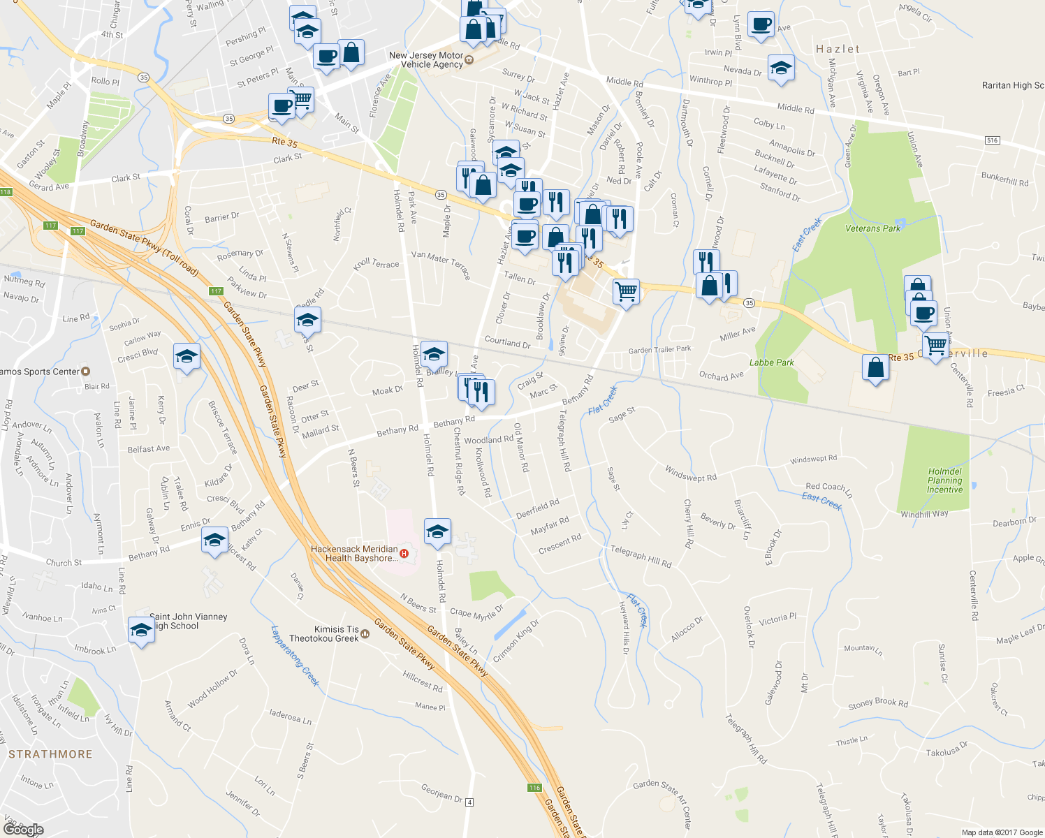 map of restaurants, bars, coffee shops, grocery stores, and more near 63 Bethany Road in Holmdel