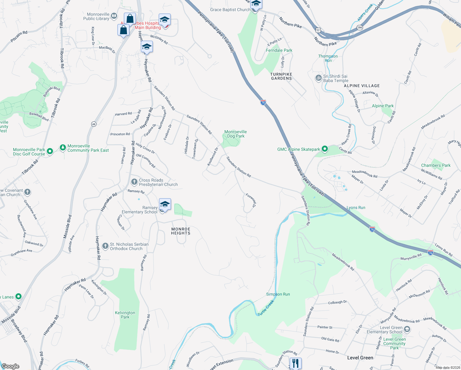 map of restaurants, bars, coffee shops, grocery stores, and more near 1324 Hazenwood Dr in Monroeville