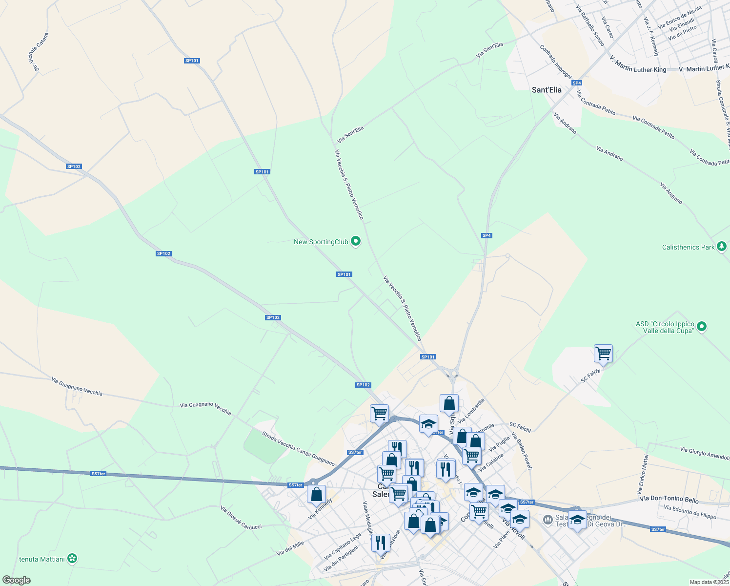 map of restaurants, bars, coffee shops, grocery stores, and more near 2 SP101 in Provincia di Lecce