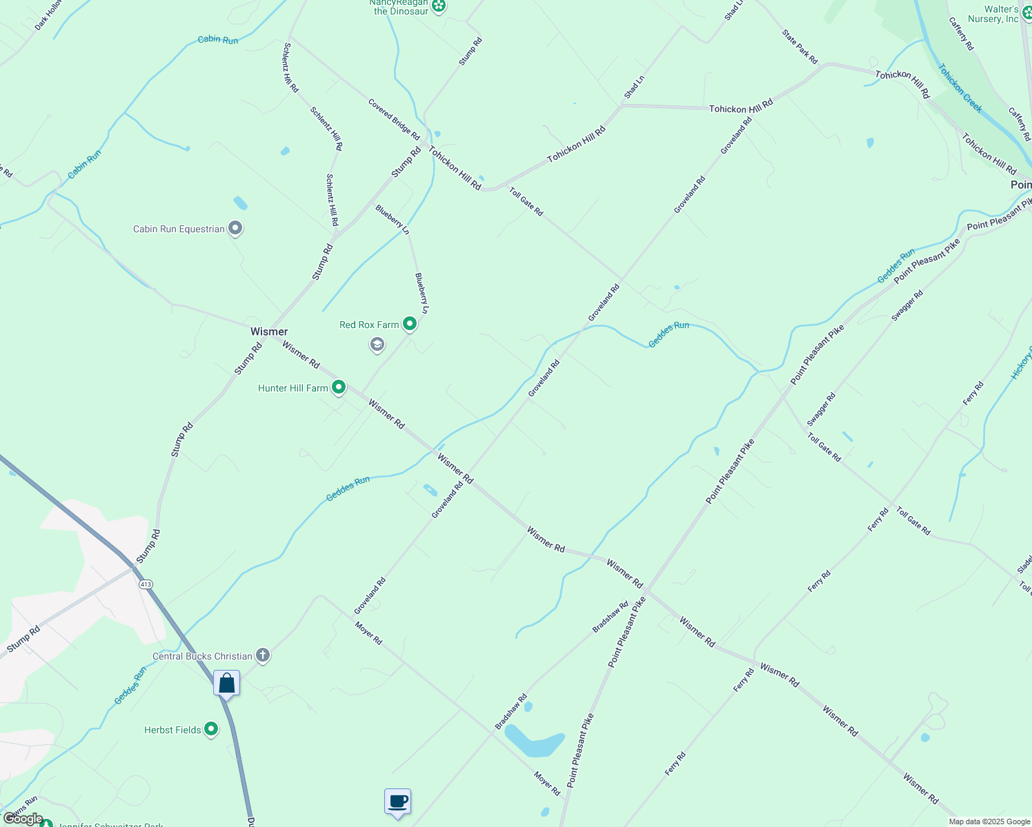 map of restaurants, bars, coffee shops, grocery stores, and more near 6501 Groveland Road in Pipersville