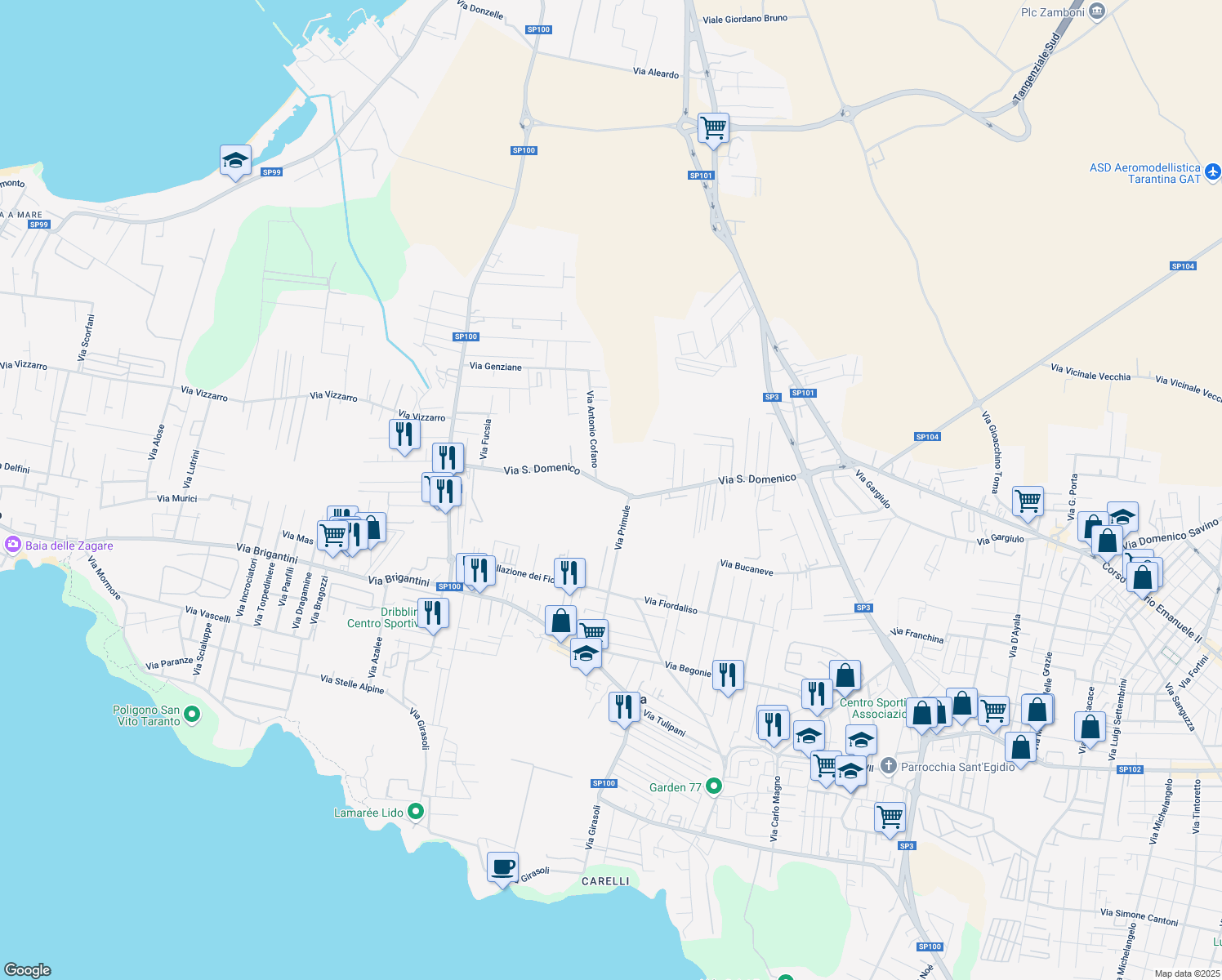 map of restaurants, bars, coffee shops, grocery stores, and more near 33 Via San Domenico in Taranto