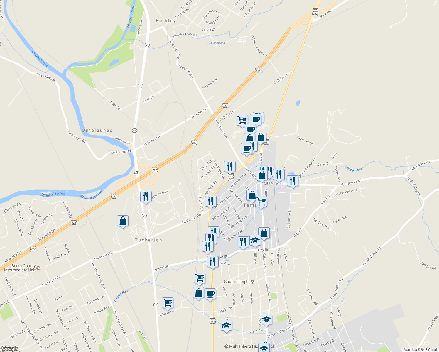 map of restaurants, bars, coffee shops, grocery stores, and more near 5216 Wilshire Road in Temple