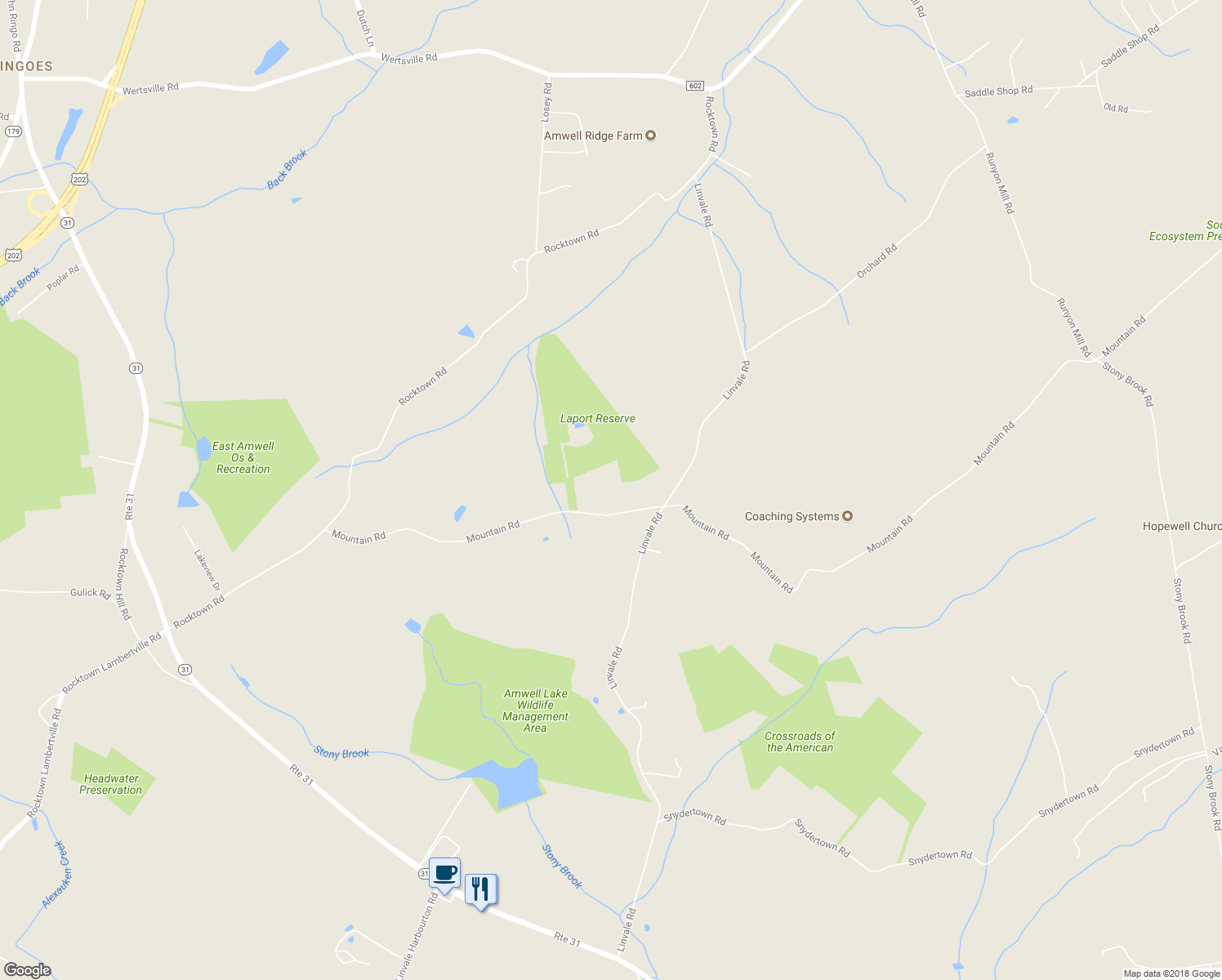 map of restaurants, bars, coffee shops, grocery stores, and more near 208 Mountain Road in East Amwell Township