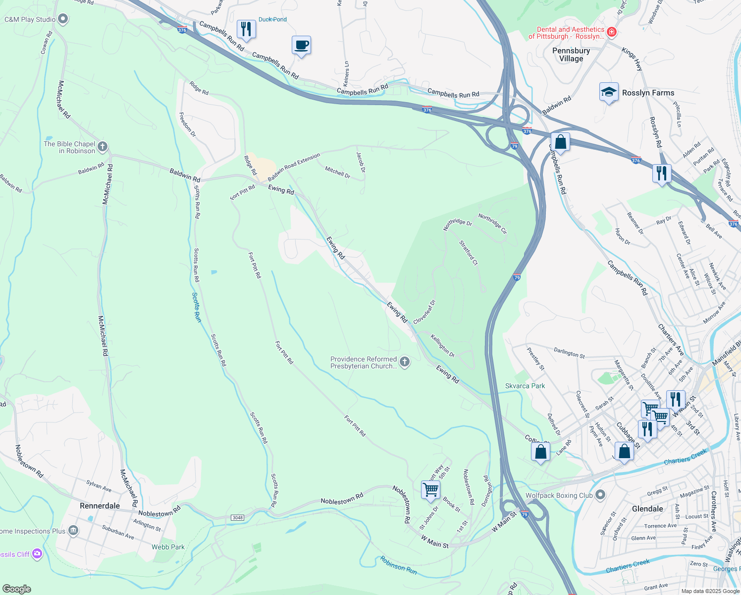 map of restaurants, bars, coffee shops, grocery stores, and more near 251 State Route 3054 in Carnegie
