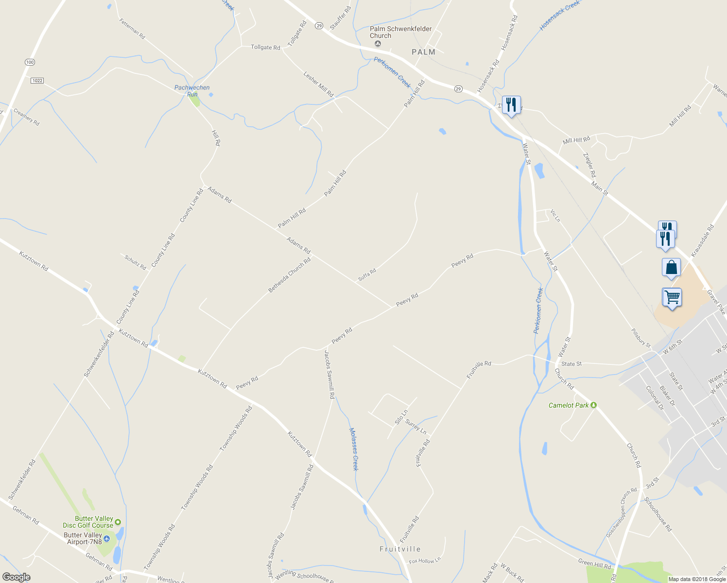 map of restaurants, bars, coffee shops, grocery stores, and more near 2016 Adams Road in East Greenville