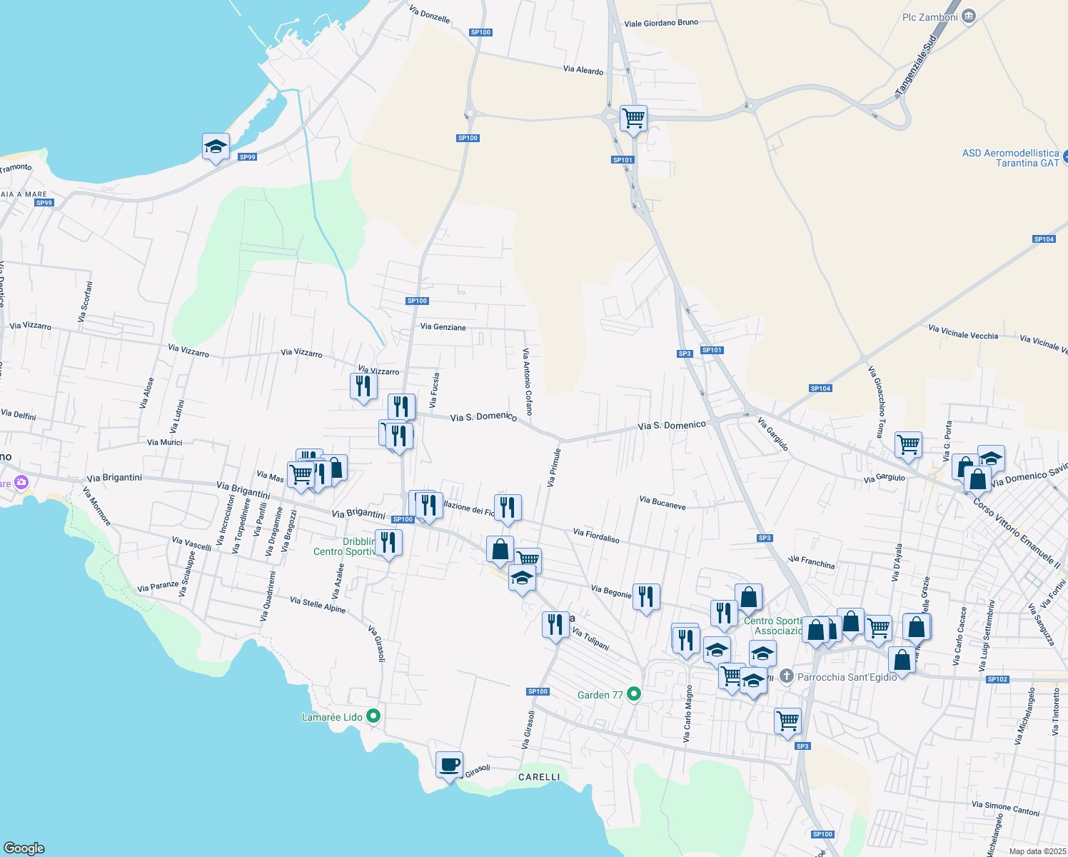 map of restaurants, bars, coffee shops, grocery stores, and more near 33 Via San Domenico in Taranto