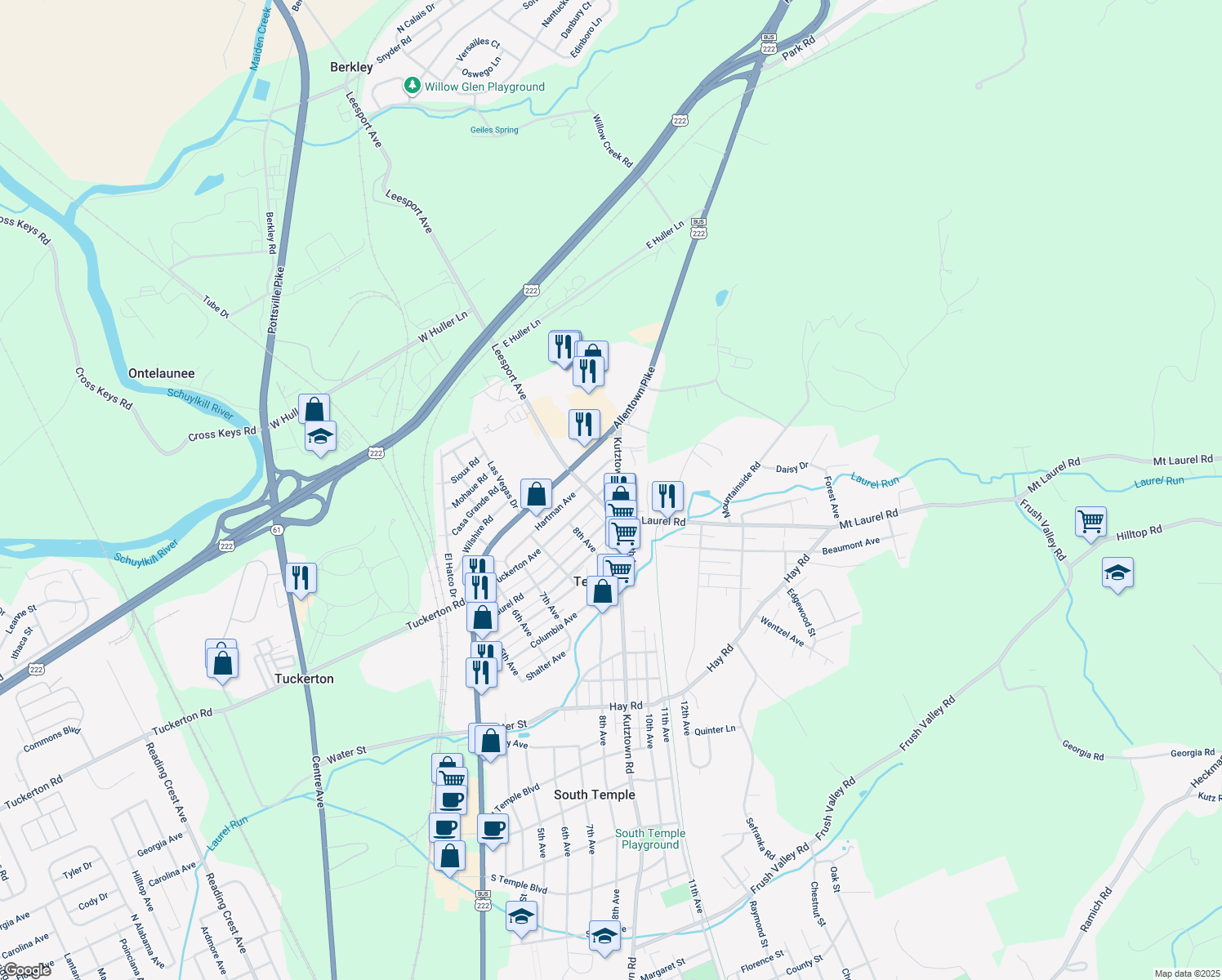 map of restaurants, bars, coffee shops, grocery stores, and more near 5030 Kutztown Road in Temple