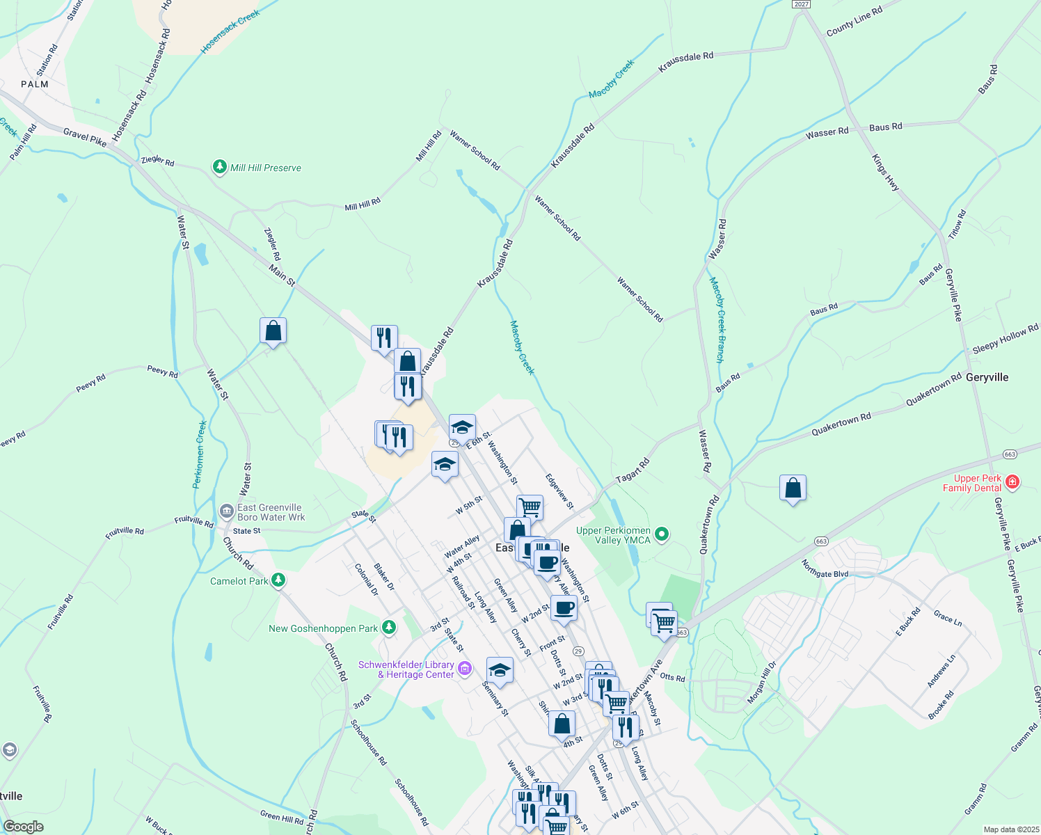 map of restaurants, bars, coffee shops, grocery stores, and more near 509 Fairview Street in East Greenville