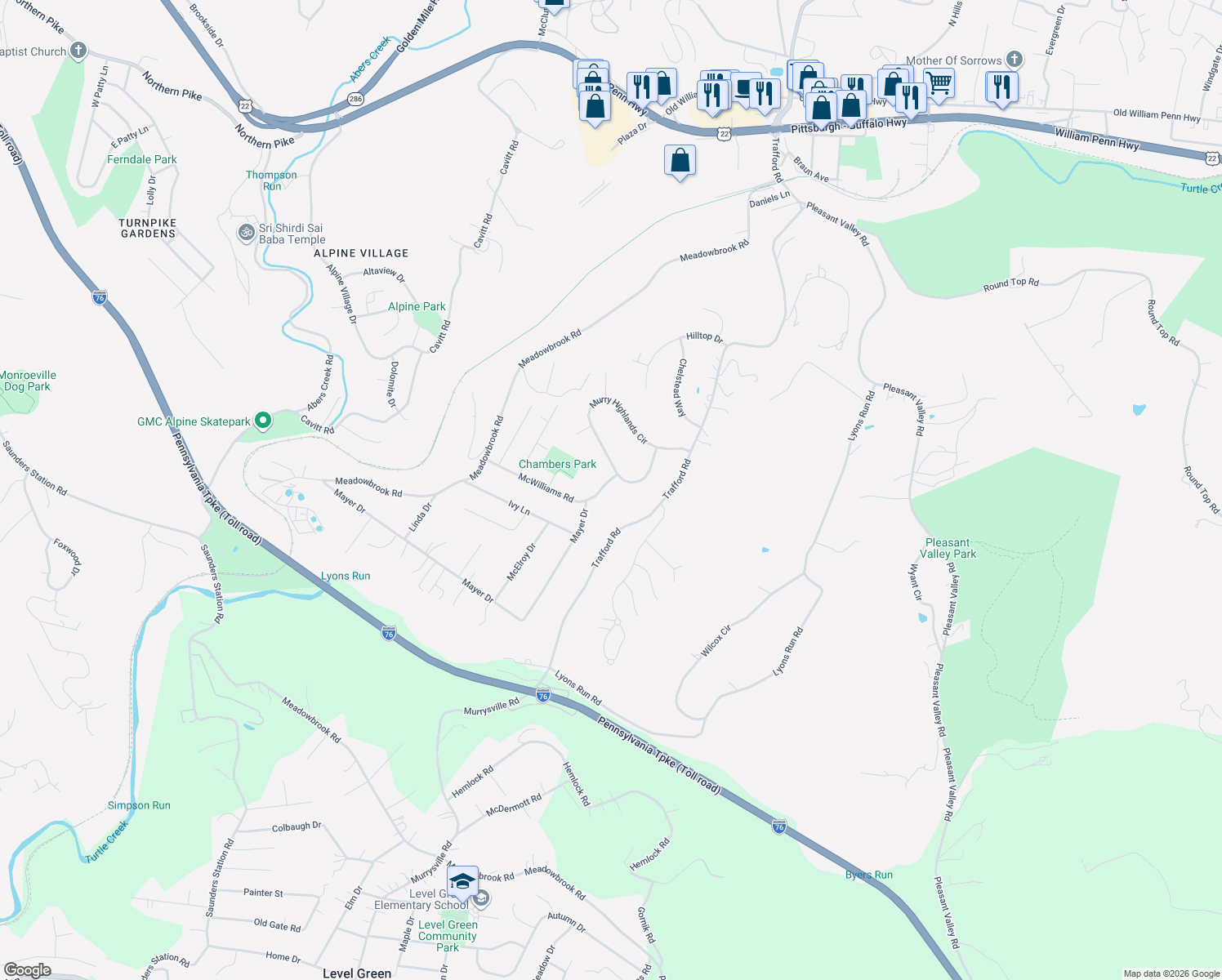 map of restaurants, bars, coffee shops, grocery stores, and more near 3991 Murry Highlands Circle in Murrysville