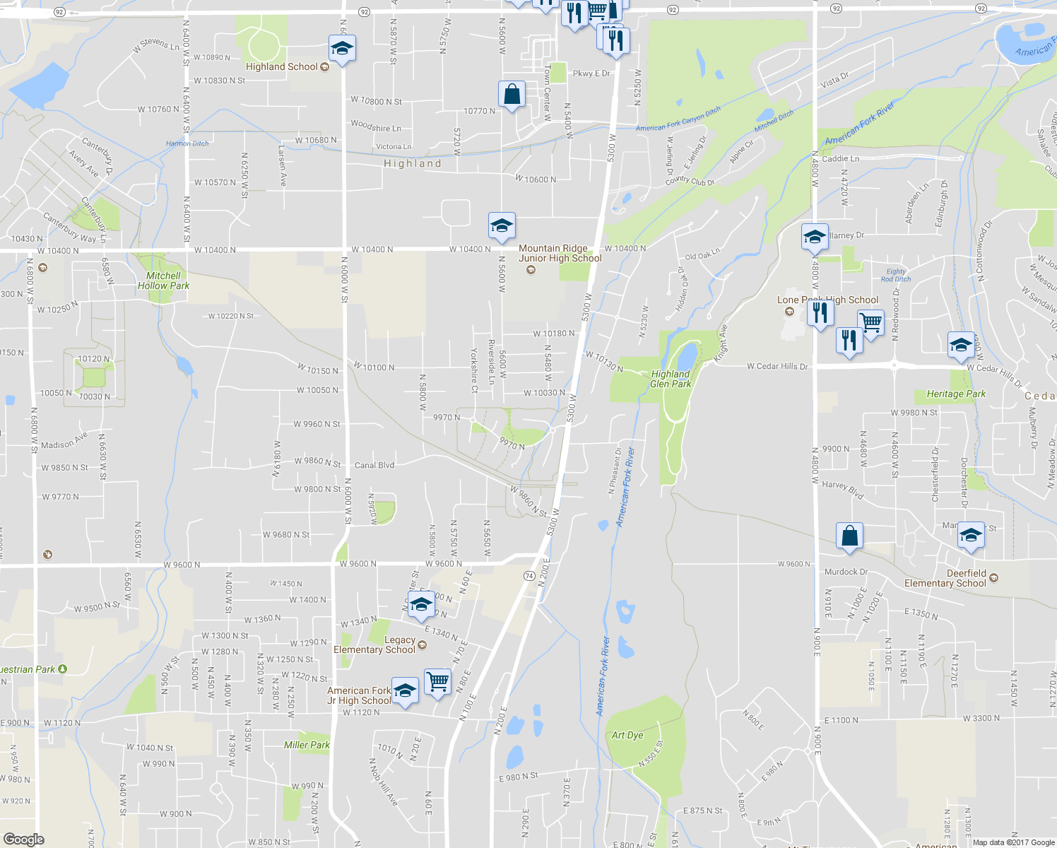map of restaurants, bars, coffee shops, grocery stores, and more near 5537 Kensington Circle in Highland
