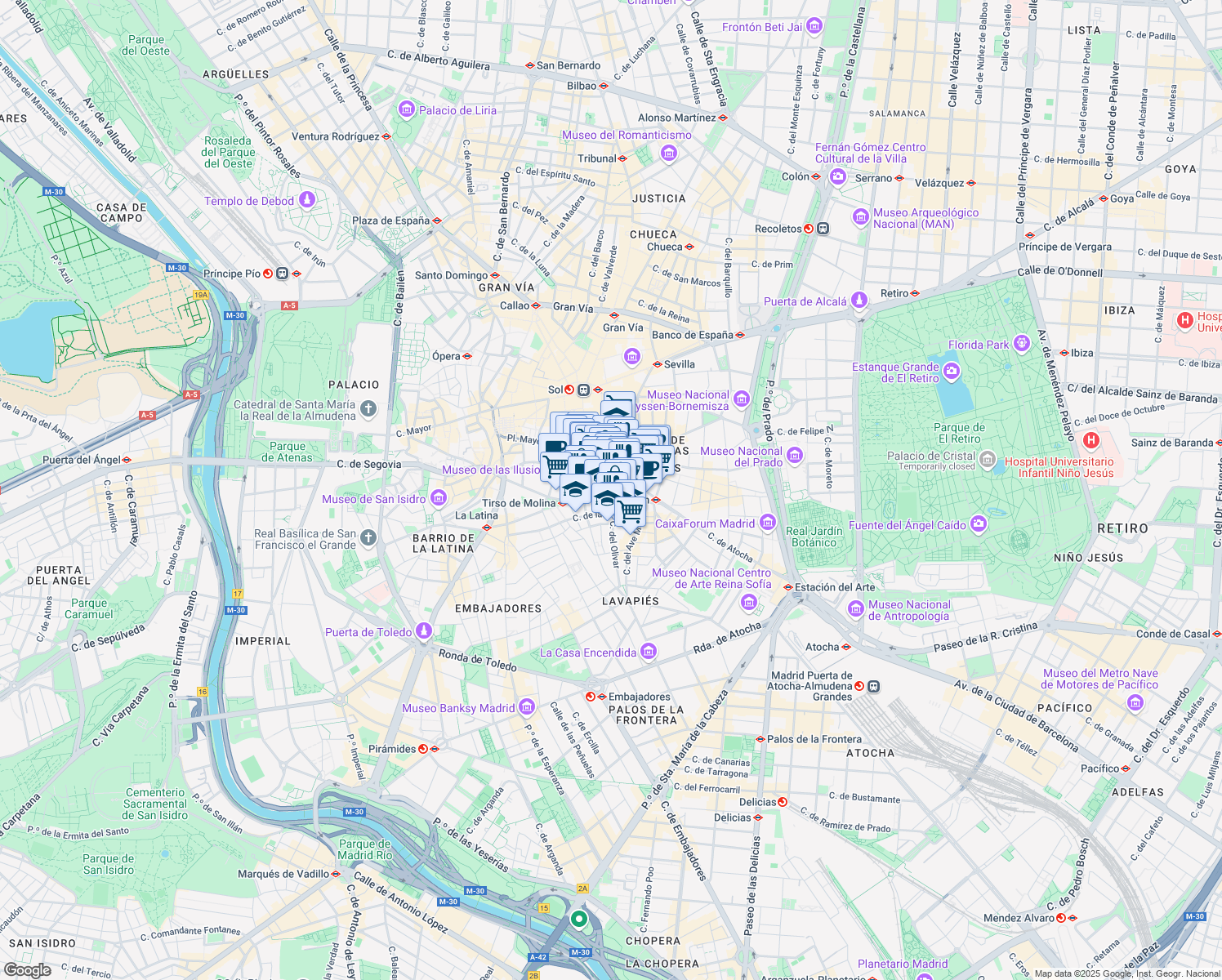 map of restaurants, bars, coffee shops, grocery stores, and more near 6 Calle de los Cañizares in Madrid