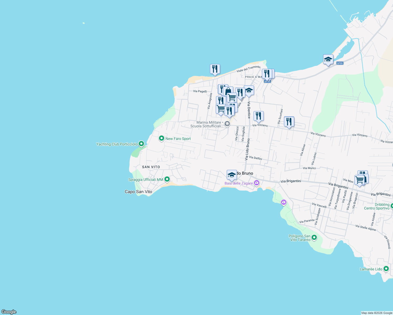 map of restaurants, bars, coffee shops, grocery stores, and more near 26 Via Calata Livezza in Taranto