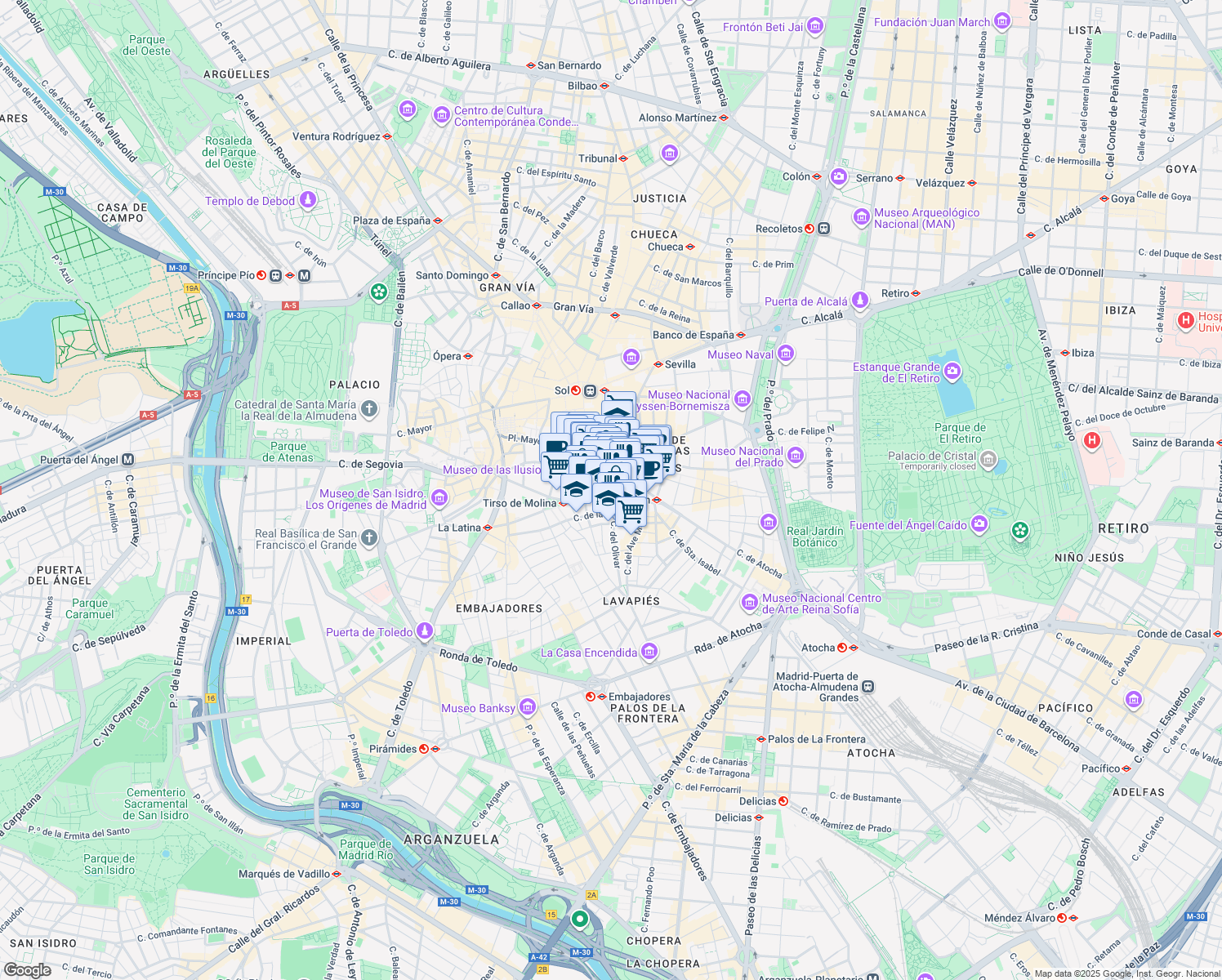 map of restaurants, bars, coffee shops, grocery stores, and more near 6 Calle de los Cañizares in Madrid
