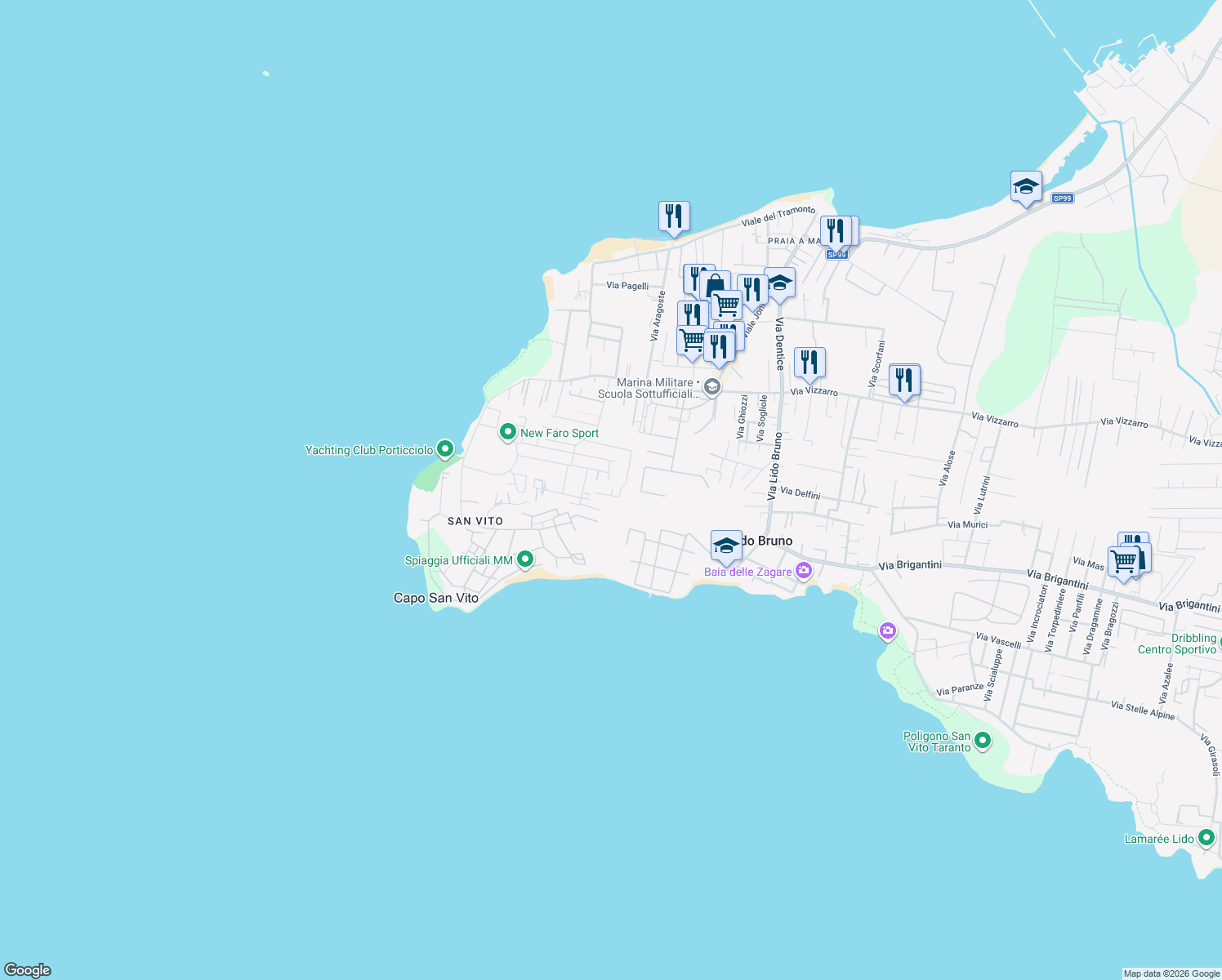 map of restaurants, bars, coffee shops, grocery stores, and more near 26 Via Calata Livezza in Taranto