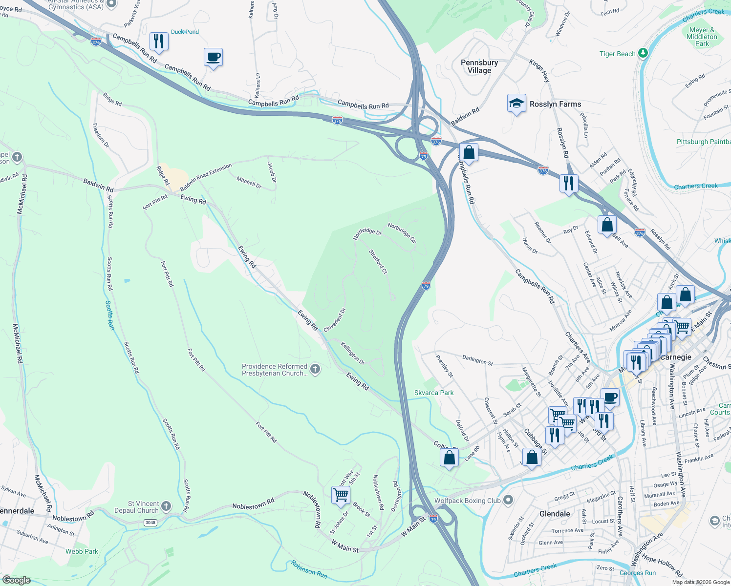 map of restaurants, bars, coffee shops, grocery stores, and more near 419 Canterbury Circle in Carnegie