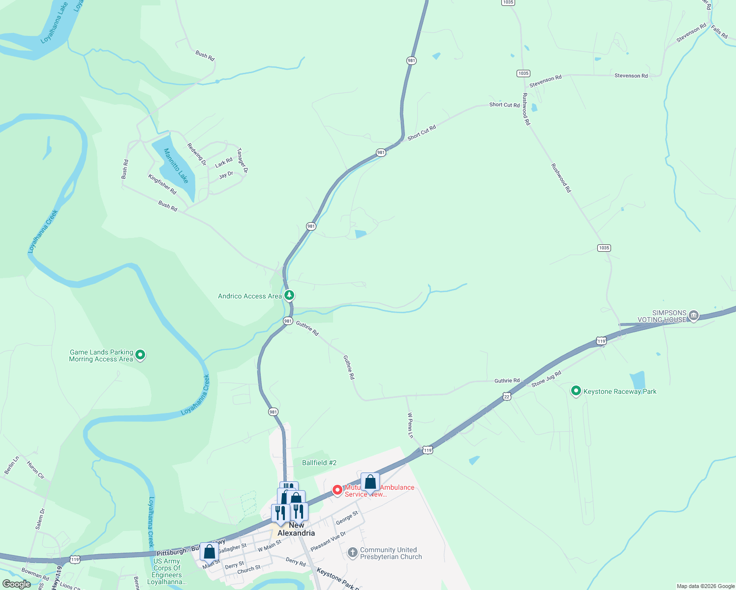 map of restaurants, bars, coffee shops, grocery stores, and more near 481 Andrico Road in New Alexandria