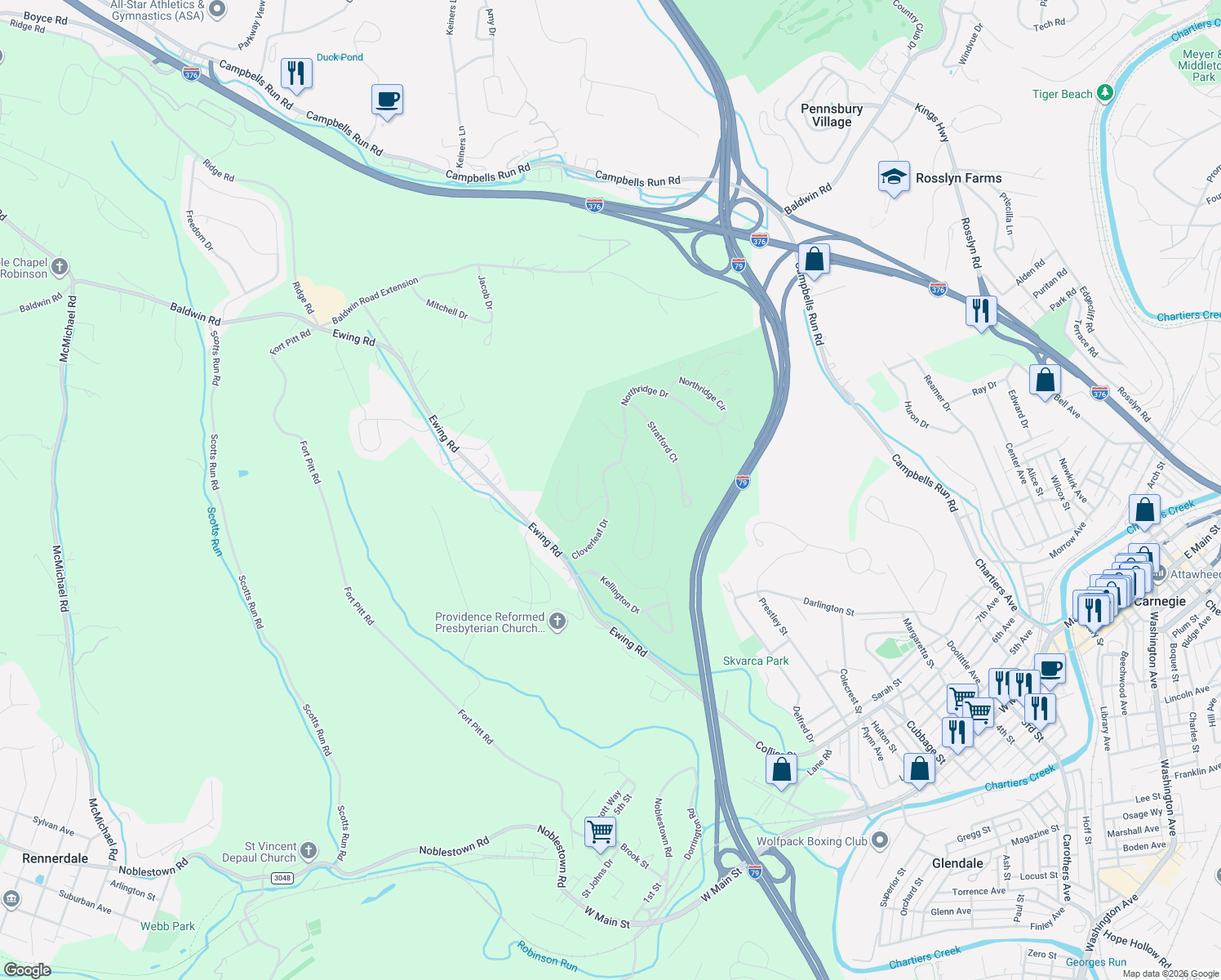 map of restaurants, bars, coffee shops, grocery stores, and more near 136 Cloverleaf Drive in Carnegie