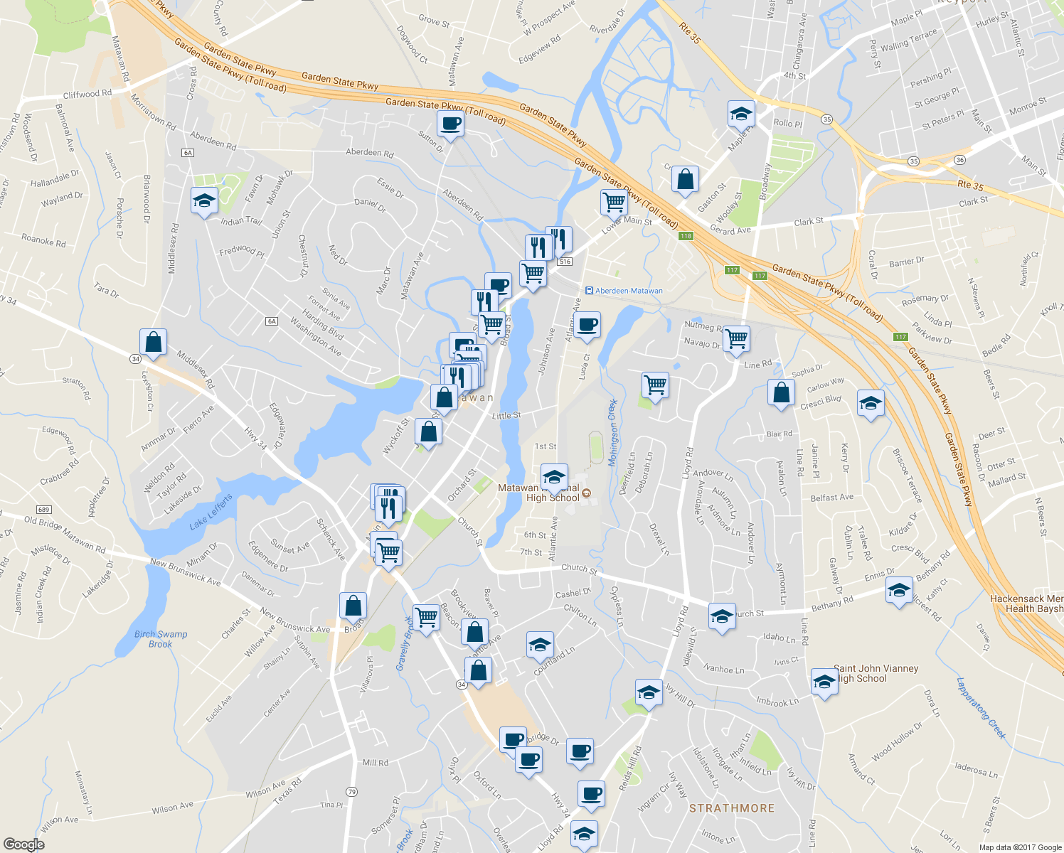 map of restaurants, bars, coffee shops, grocery stores, and more near 66 Johnson Avenue in Matawan