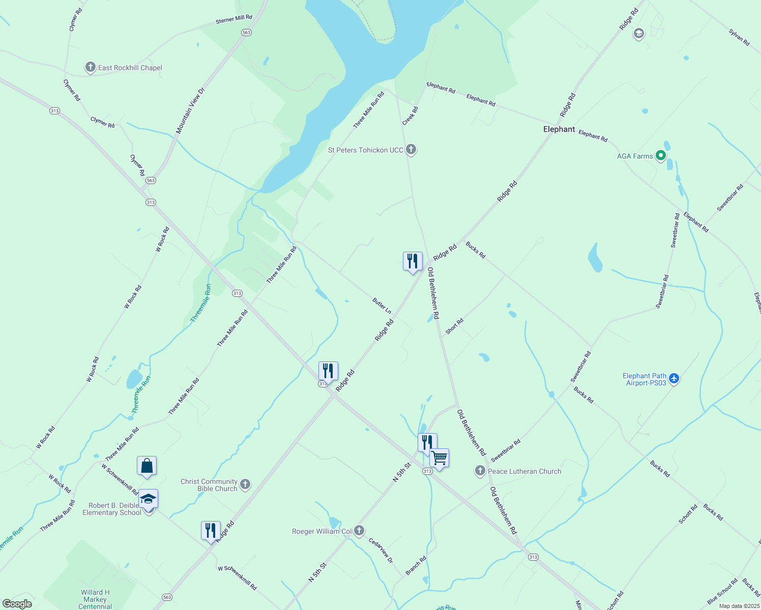 map of restaurants, bars, coffee shops, grocery stores, and more near 1230 Butler Lane in Perkasie