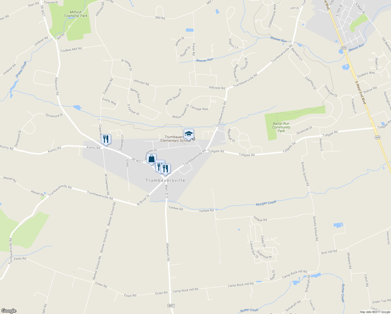 map of restaurants, bars, coffee shops, grocery stores, and more near 239 Trumbauersville Road in Quakertown