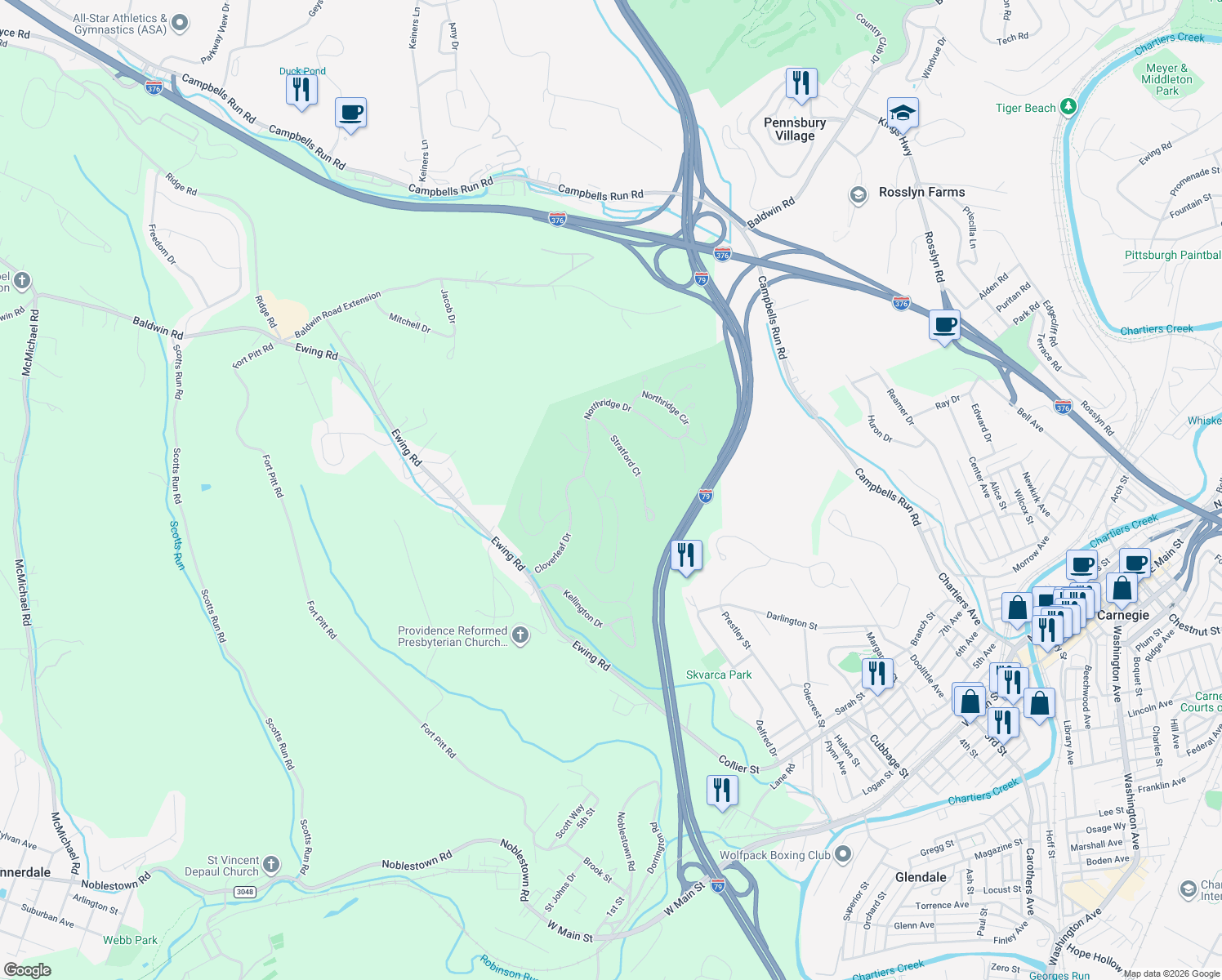map of restaurants, bars, coffee shops, grocery stores, and more near 419 Canterbury Circle in Carnegie