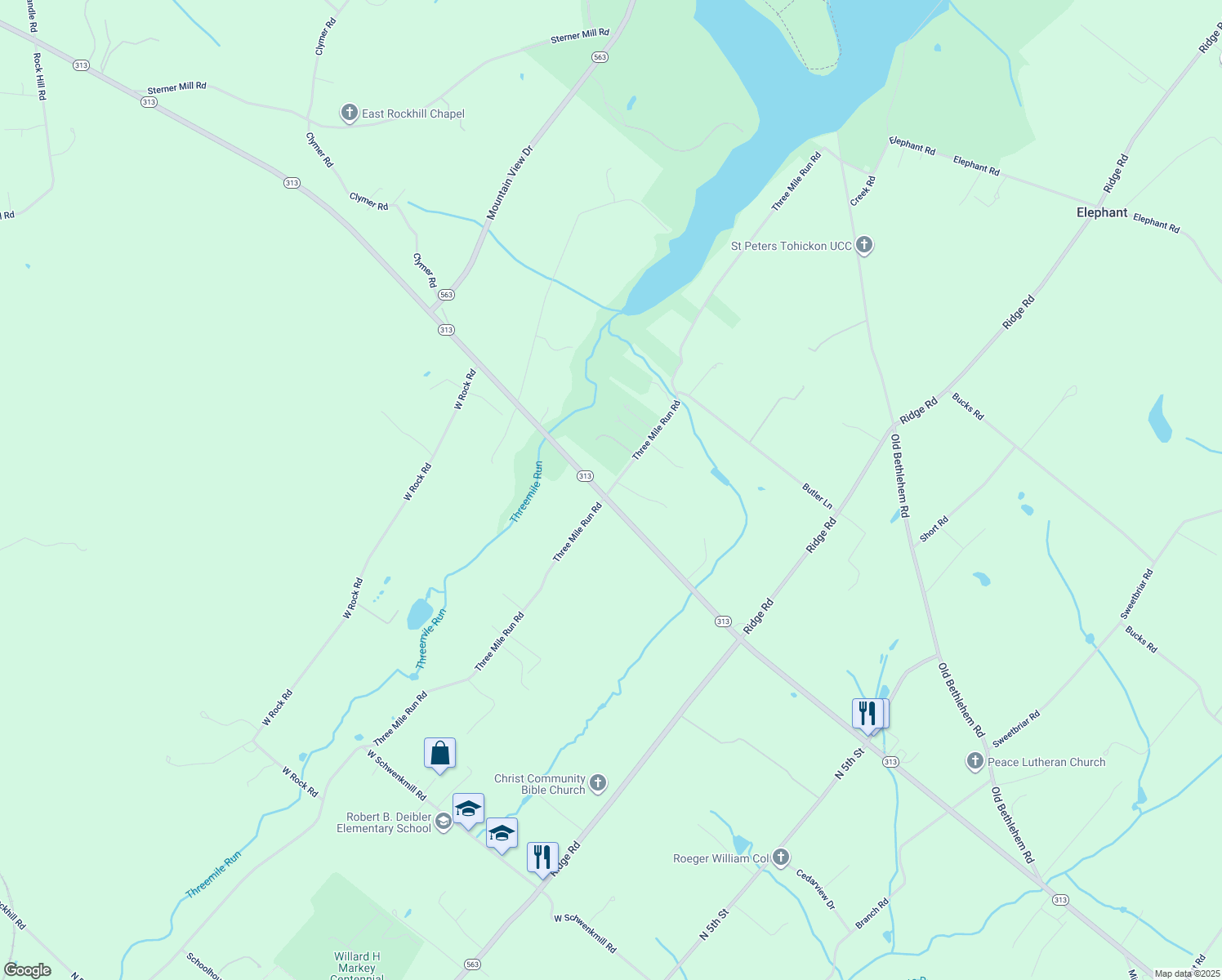 map of restaurants, bars, coffee shops, grocery stores, and more near 2309 3 Mile Road in Perkasie
