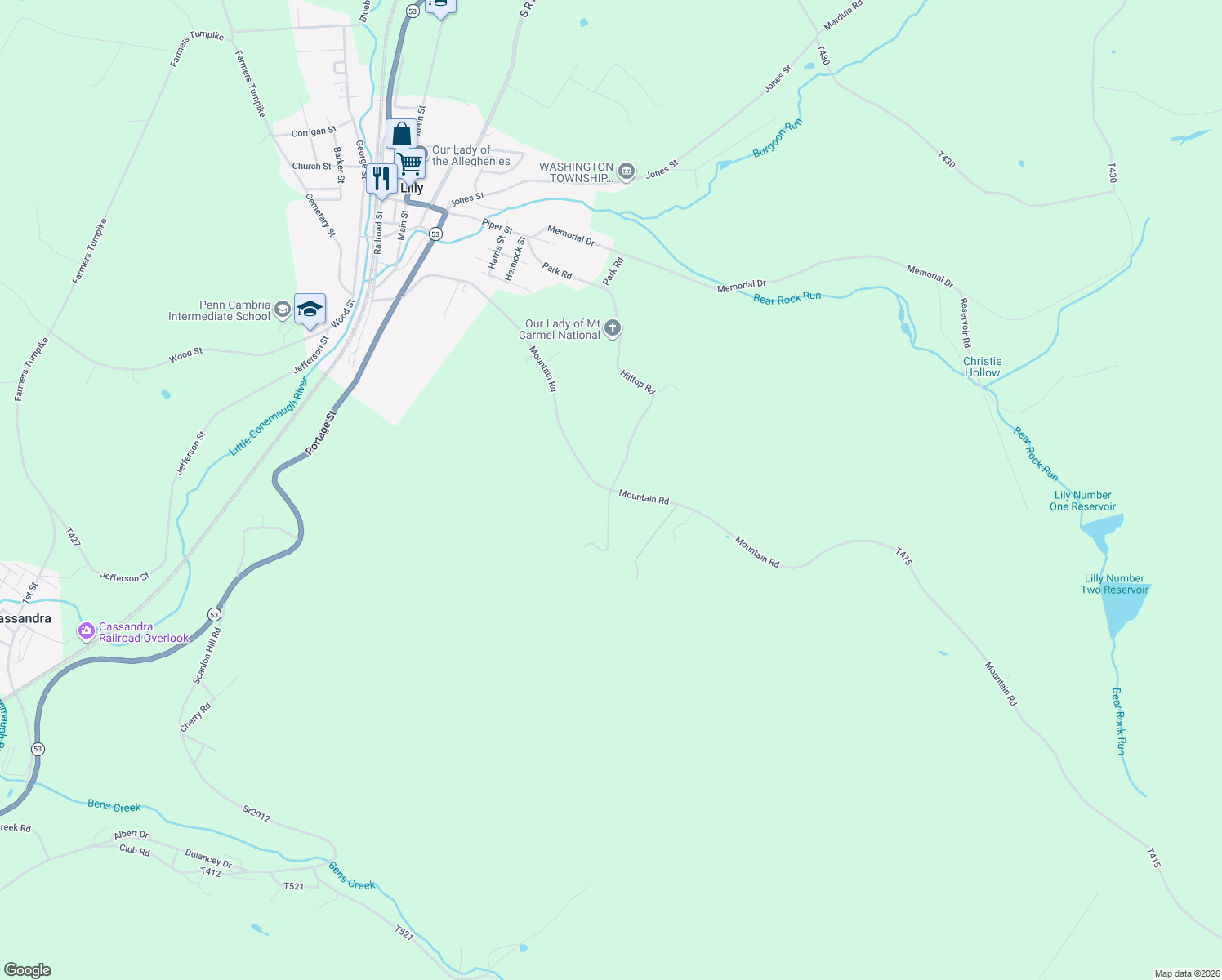 map of restaurants, bars, coffee shops, grocery stores, and more near 100 Hilltop Road in Lilly