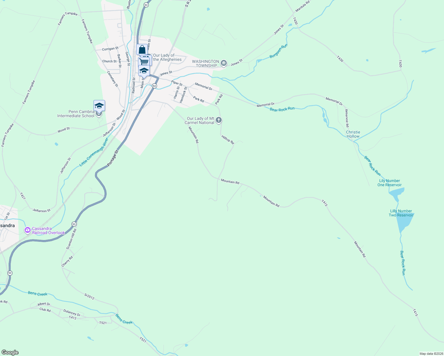 map of restaurants, bars, coffee shops, grocery stores, and more near 100-164 Hilltop Road in Lilly