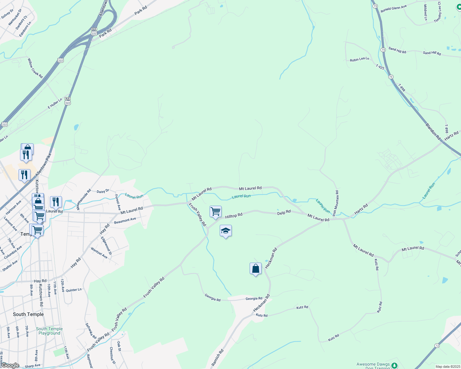 map of restaurants, bars, coffee shops, grocery stores, and more near 1825 Mount Laurel Road in Temple