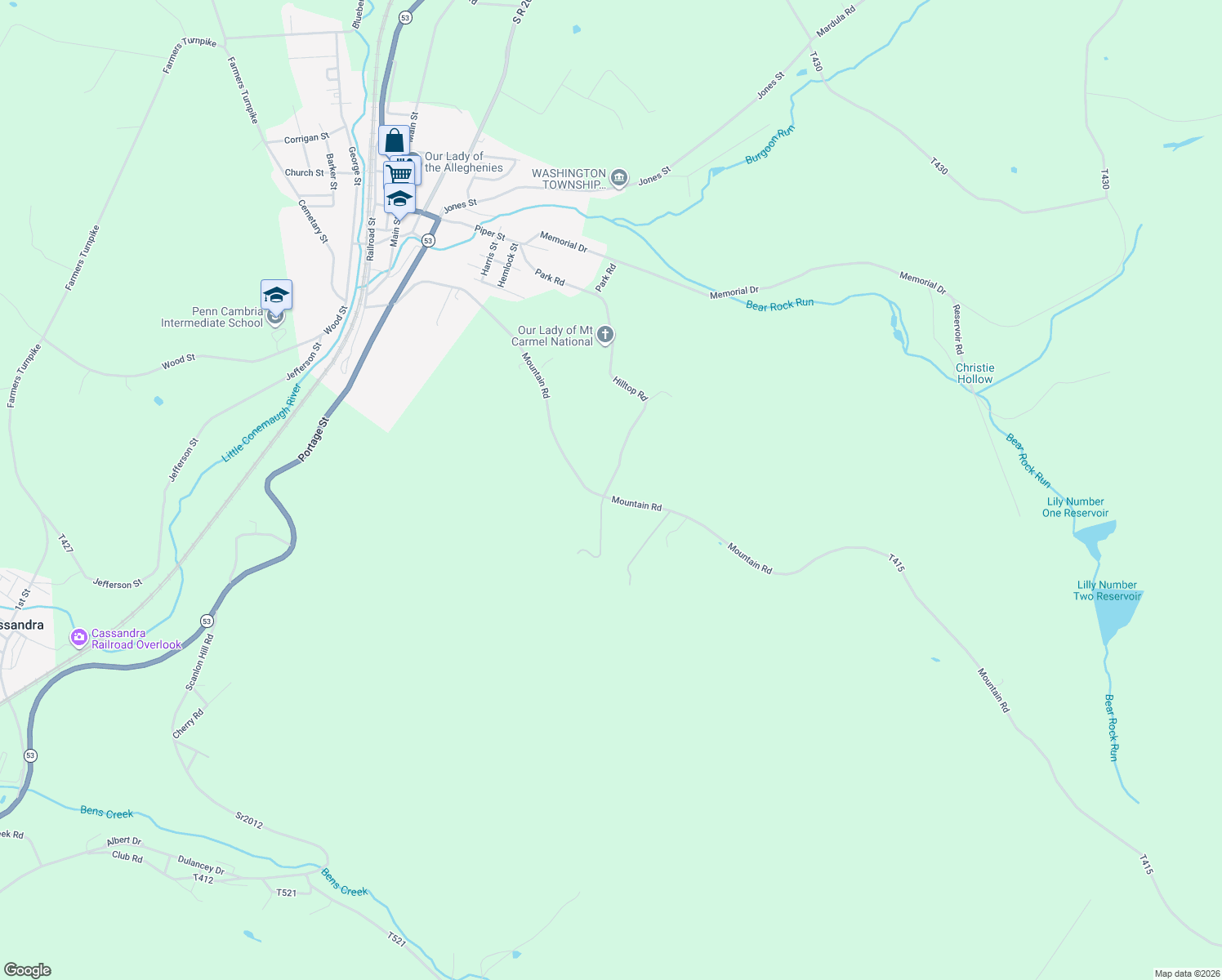 map of restaurants, bars, coffee shops, grocery stores, and more near 100-164 Hilltop Road in Lilly