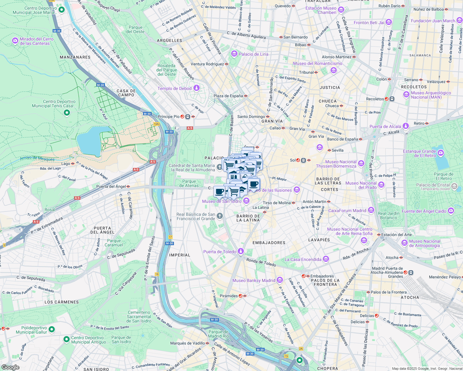 map of restaurants, bars, coffee shops, grocery stores, and more near 9 Calle Pretil de los Consejos in Madrid
