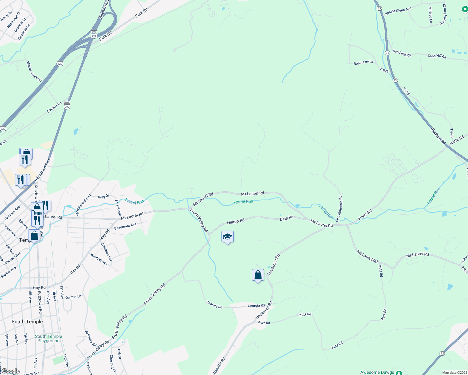 map of restaurants, bars, coffee shops, grocery stores, and more near 1825 Mount Laurel Road in Temple