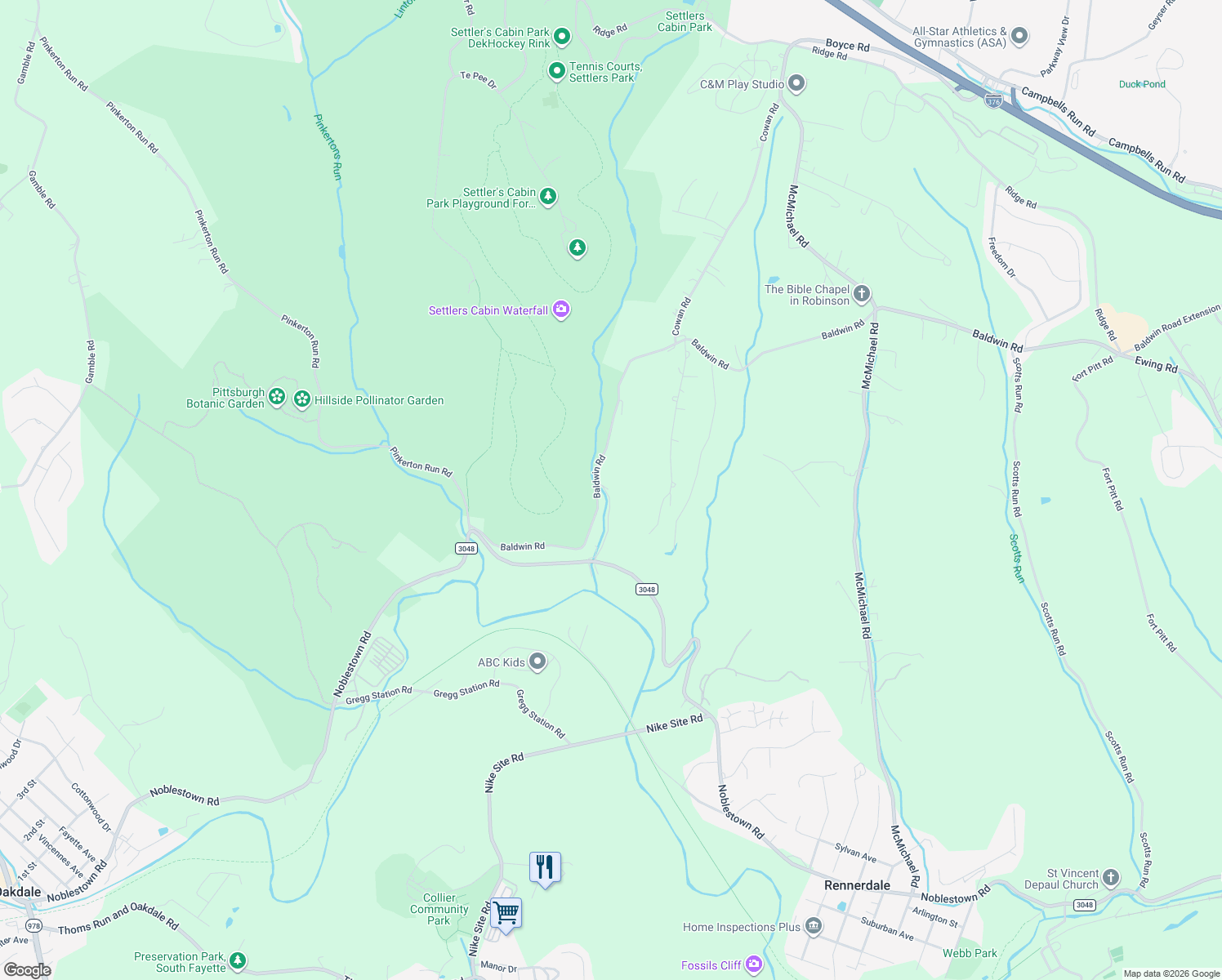 map of restaurants, bars, coffee shops, grocery stores, and more near 407 Baldwin Rd in Oakdale