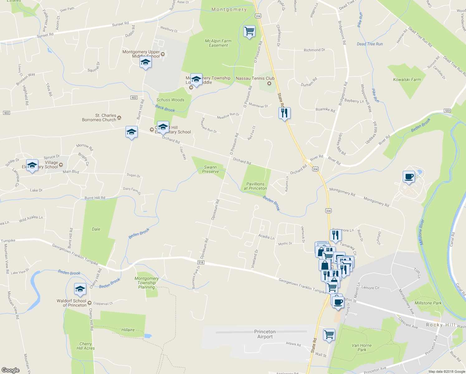 map of restaurants, bars, coffee shops, grocery stores, and more near 237 Opossum Road in Montgomery