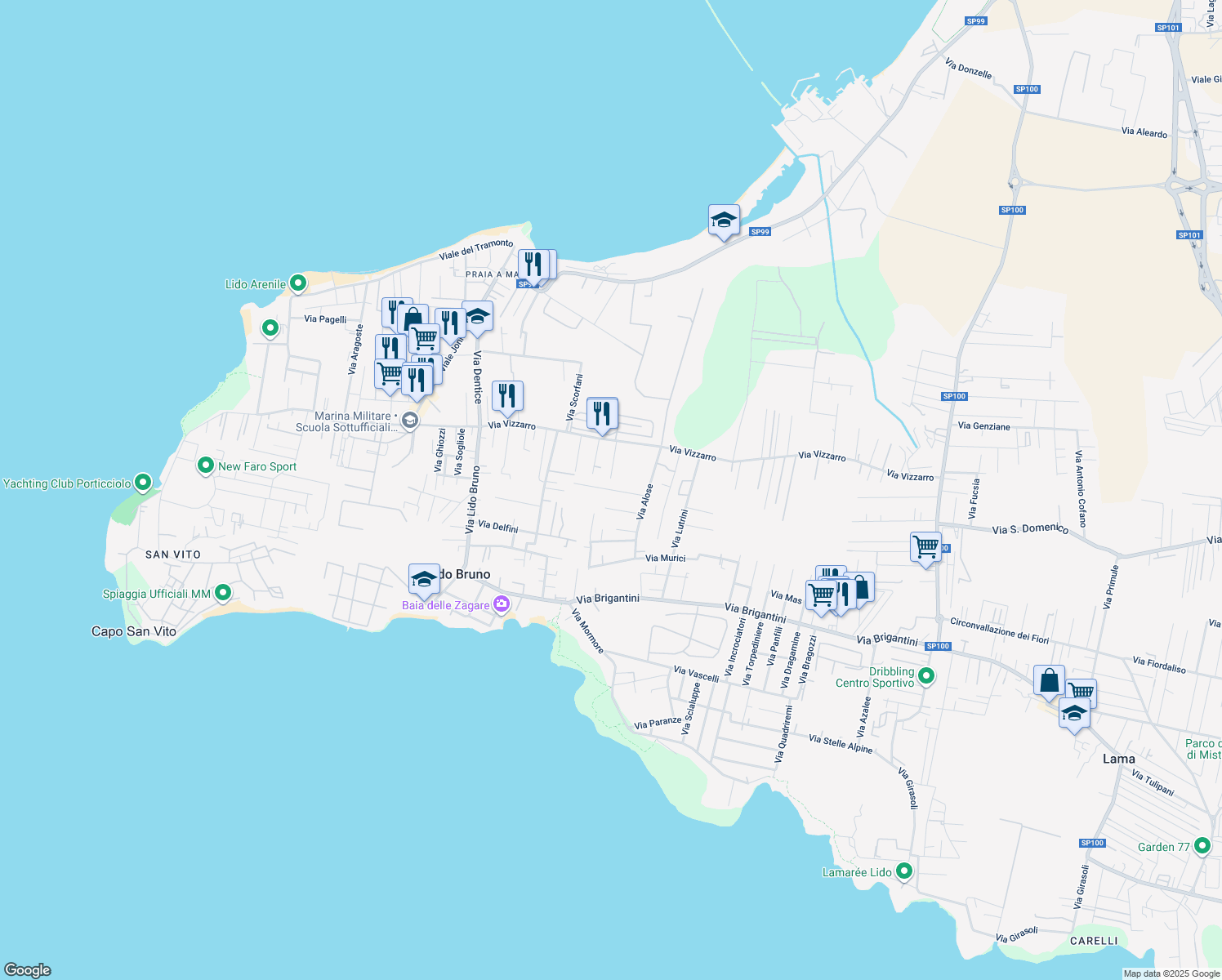 map of restaurants, bars, coffee shops, grocery stores, and more near 10 Via Gambero in Taranto