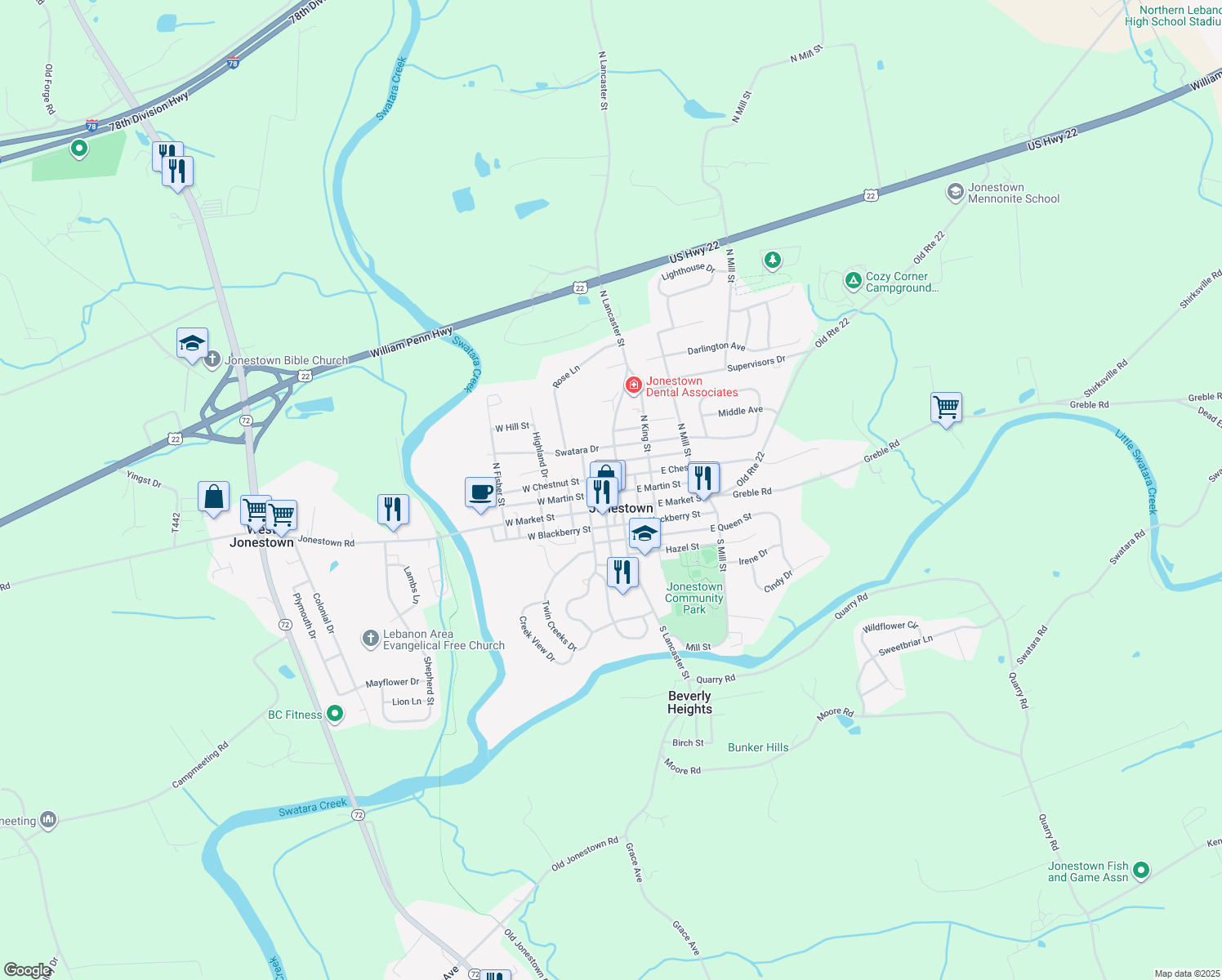 map of restaurants, bars, coffee shops, grocery stores, and more near 25 N Lancaster St in Jonestown