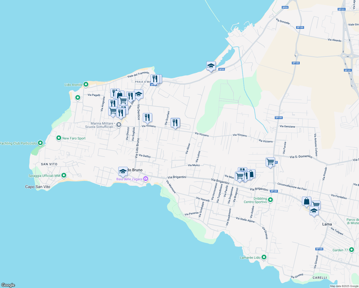 map of restaurants, bars, coffee shops, grocery stores, and more near 10 Via Gambero in Taranto