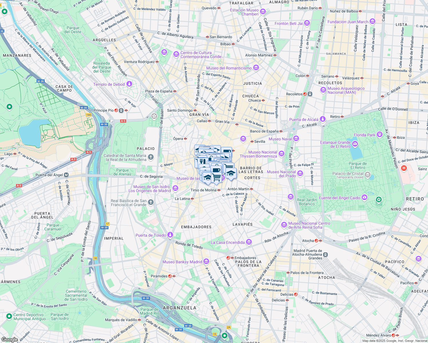 map of restaurants, bars, coffee shops, grocery stores, and more near 8 Calle de Atocha in Madrid