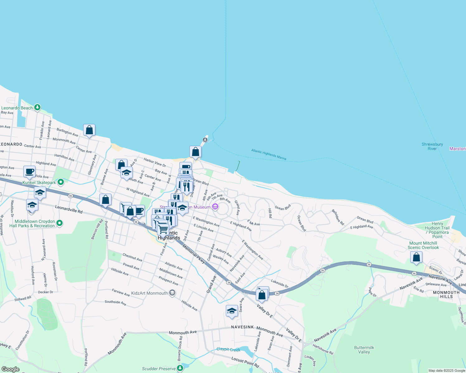 map of restaurants, bars, coffee shops, grocery stores, and more near 4 Scenic Ct in Atlantic Highlands