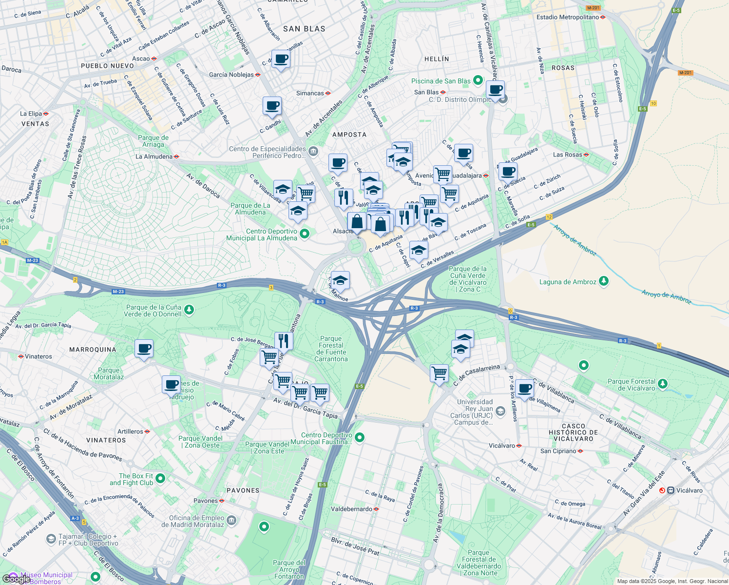 map of restaurants, bars, coffee shops, grocery stores, and more near 53 Calle Malmoe in Madrid