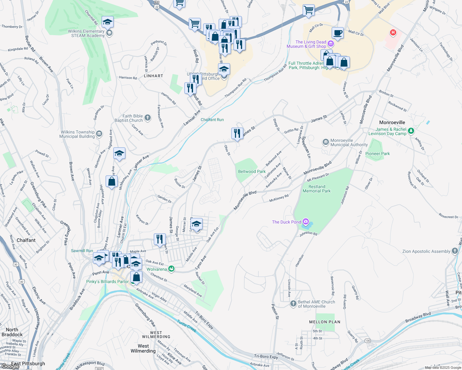 map of restaurants, bars, coffee shops, grocery stores, and more near 1991 Gregory Drive in Monroeville