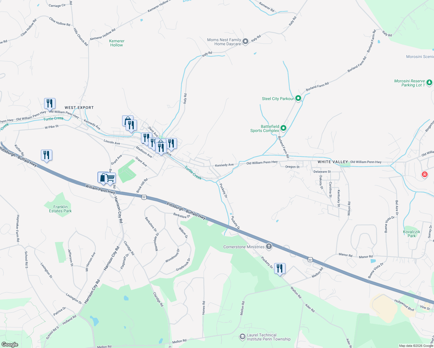 map of restaurants, bars, coffee shops, grocery stores, and more near 2647 Puckety Dr in Export