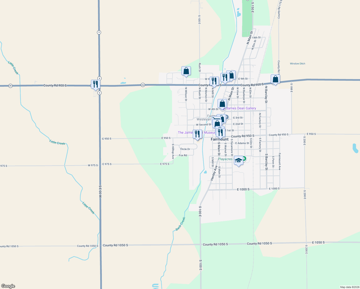 map of restaurants, bars, coffee shops, grocery stores, and more near 551 Circle Drive in Fairmount