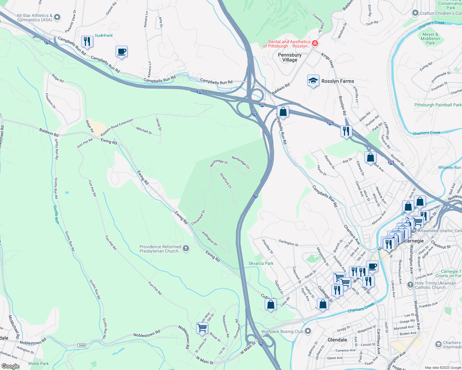 map of restaurants, bars, coffee shops, grocery stores, and more near 27 Stratford Court in Carnegie