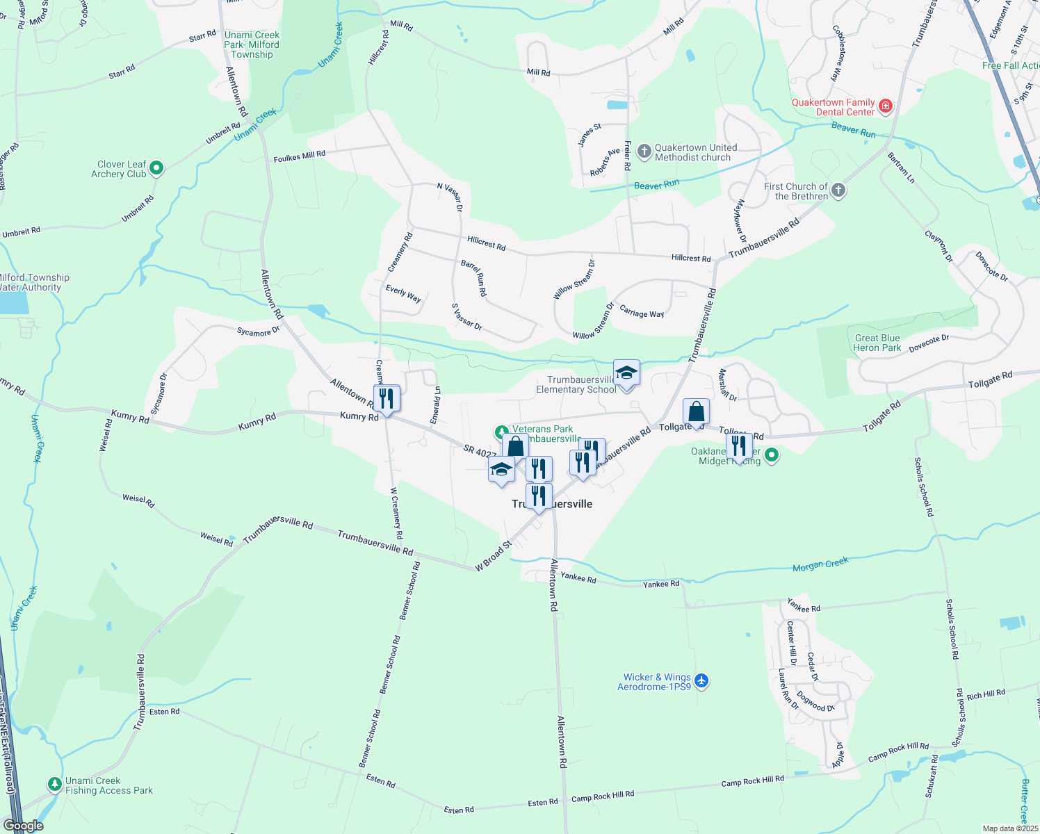 map of restaurants, bars, coffee shops, grocery stores, and more near 1610 Howarth Drive in Quakertown