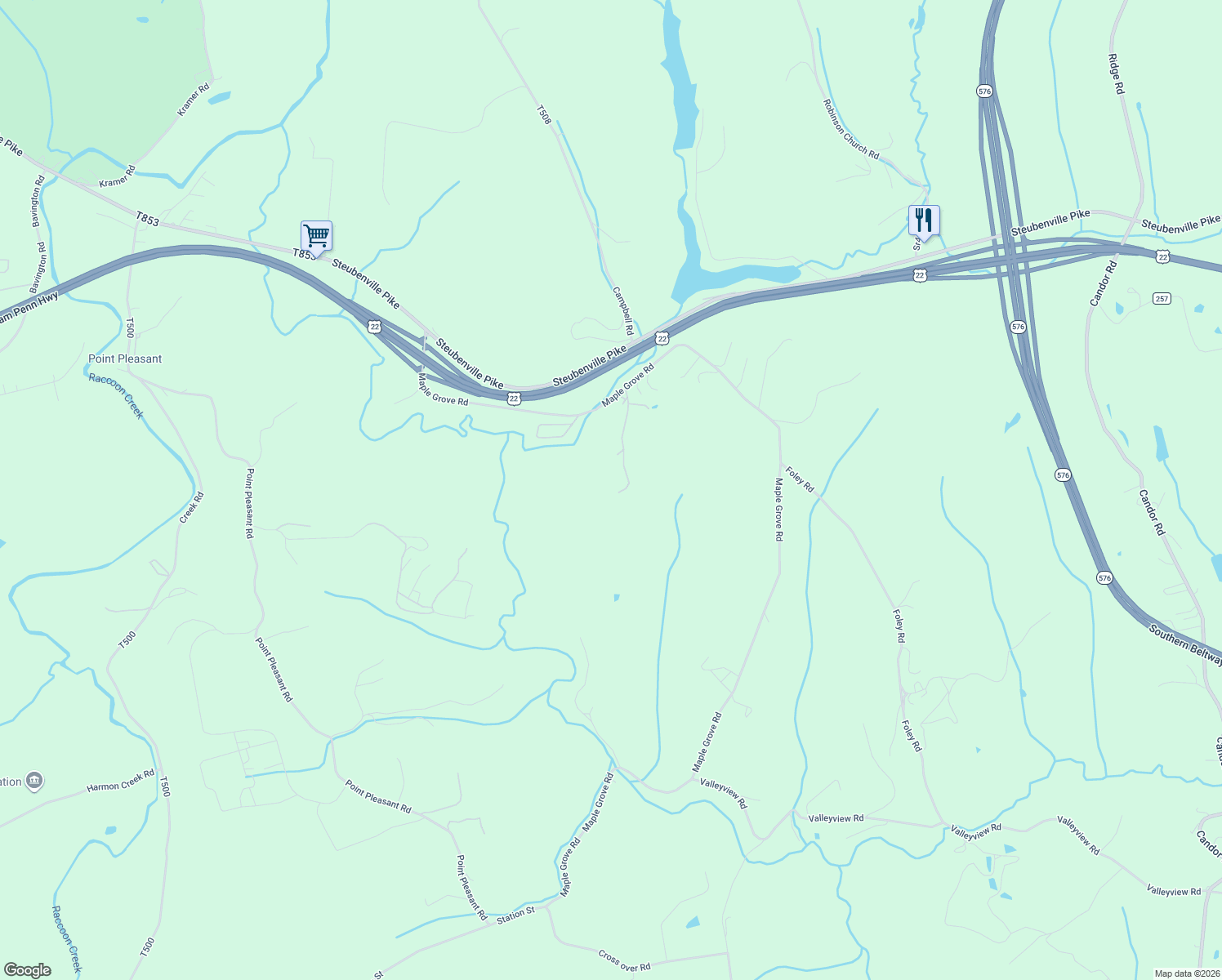 map of restaurants, bars, coffee shops, grocery stores, and more near 6069 Maple Grove Road in Bulger