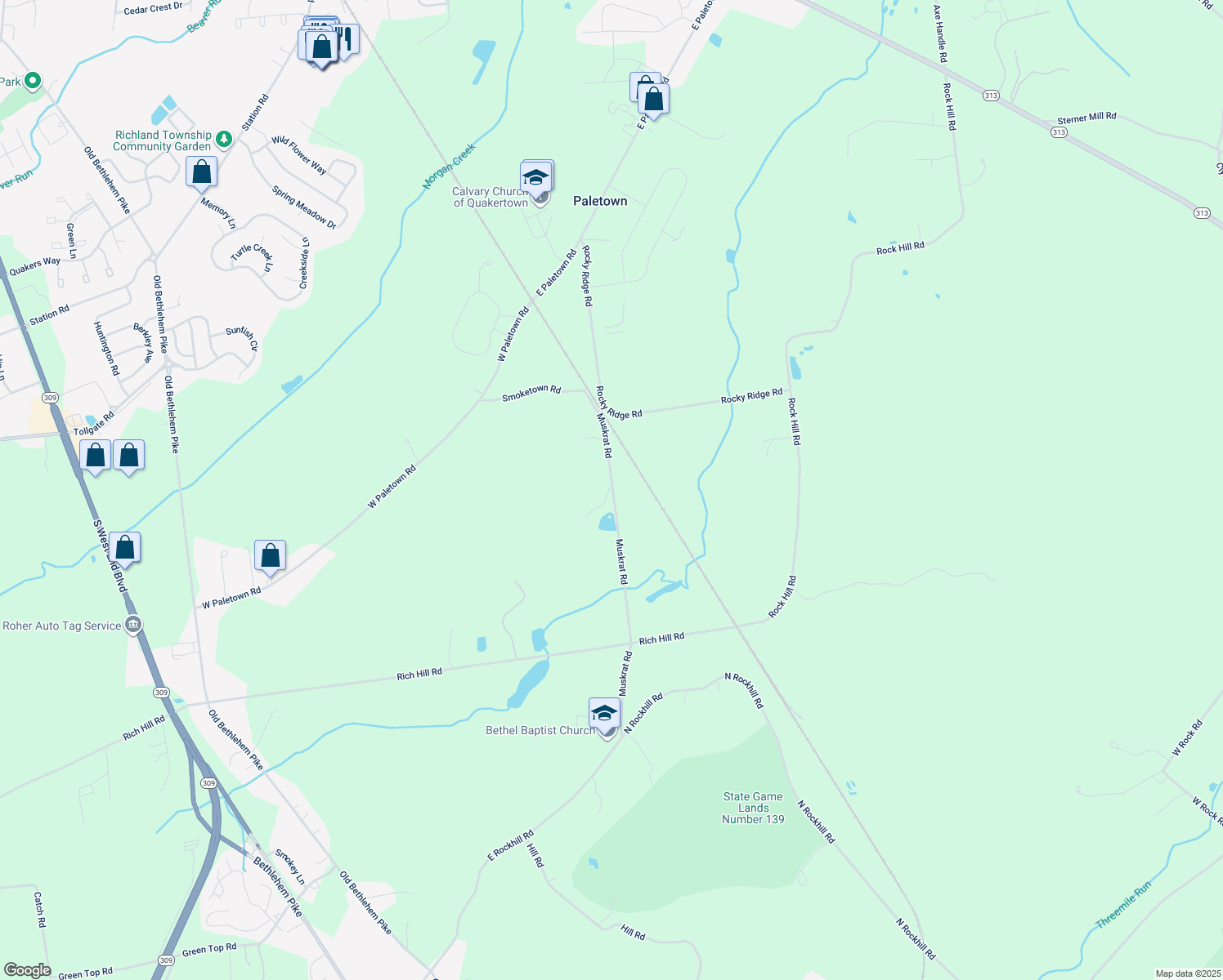 map of restaurants, bars, coffee shops, grocery stores, and more near 120 Muskrat Rd in Quakertown