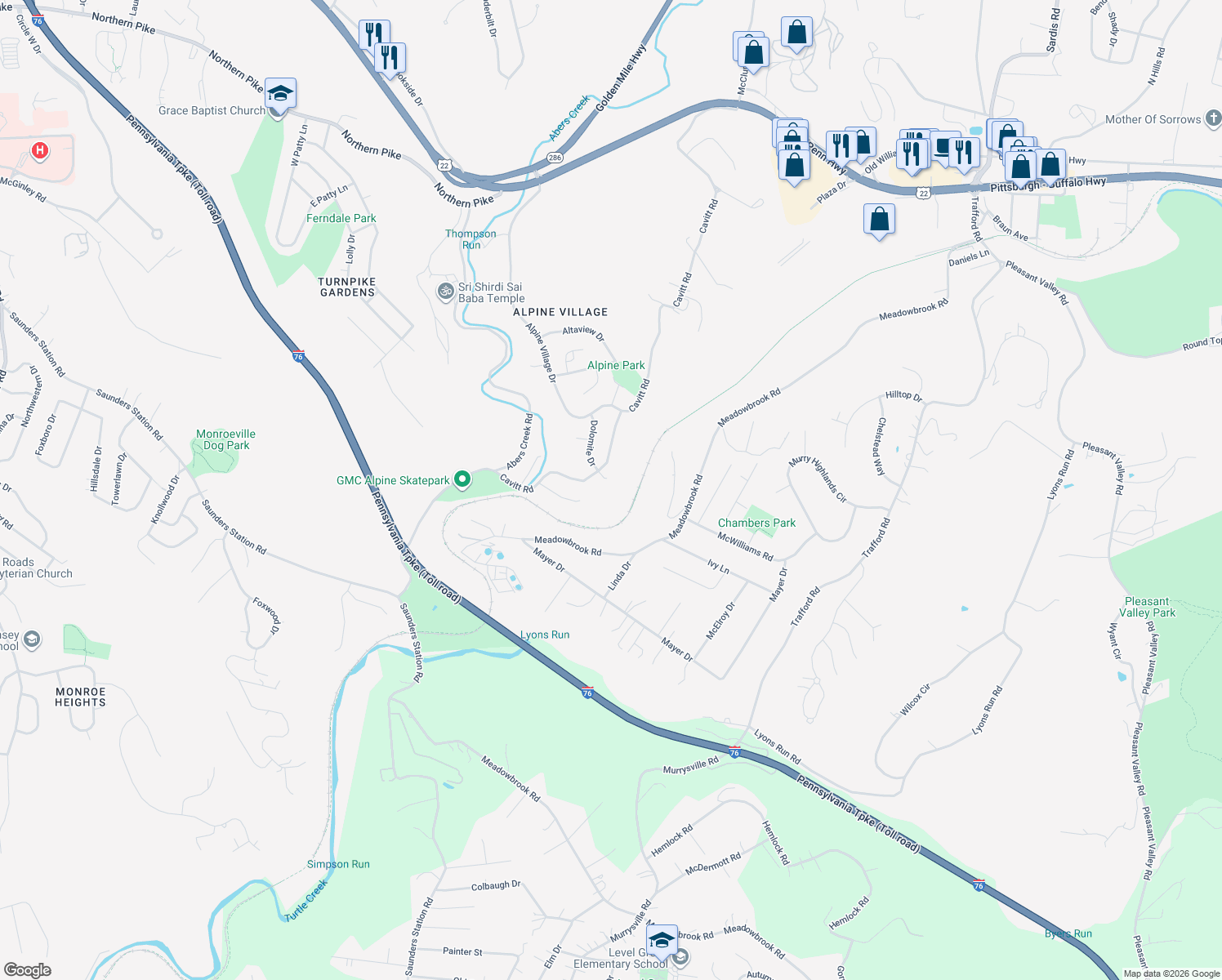 map of restaurants, bars, coffee shops, grocery stores, and more near 108 Dolomite Drive in Monroeville