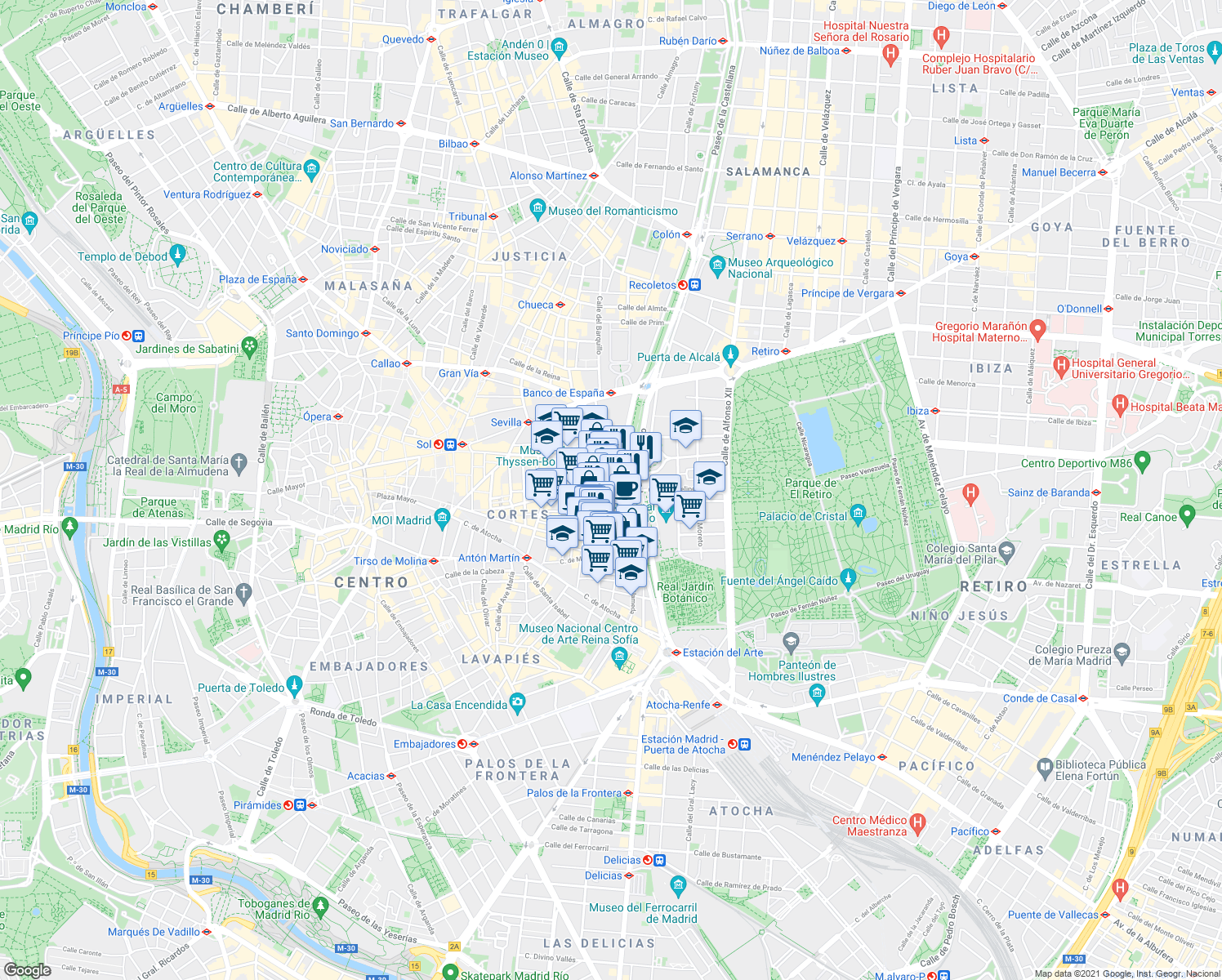 map of restaurants, bars, coffee shops, grocery stores, and more near 5 Plaza Canovas del Castillo in Madrid